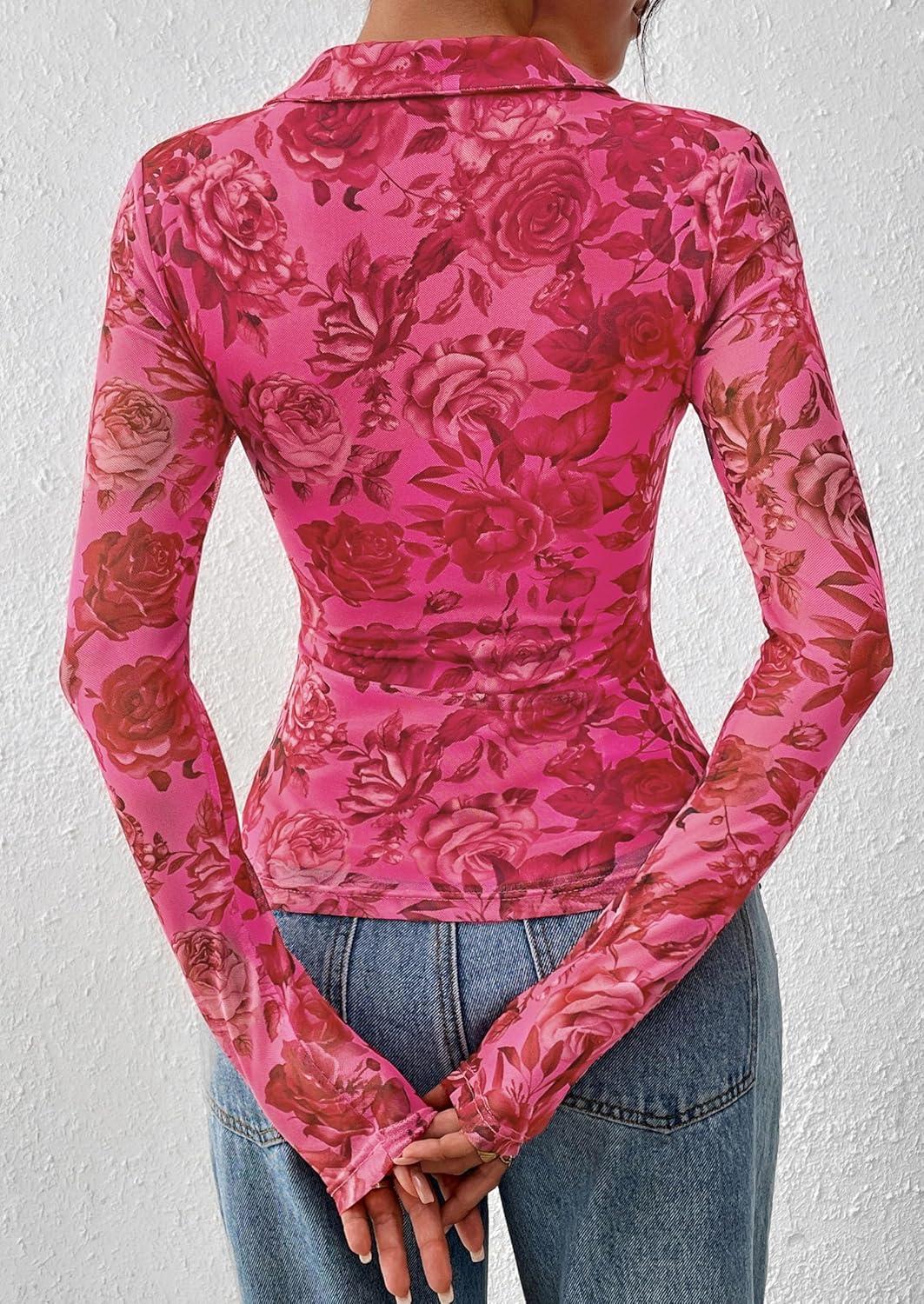 imagePRETTYGARDEN Women Button Down Floral Shirts 2025 Fall Trendy Long Sleeve V Neck Ruched Fitted Mesh Blouse Tops Date OutfitsPink Red Floral