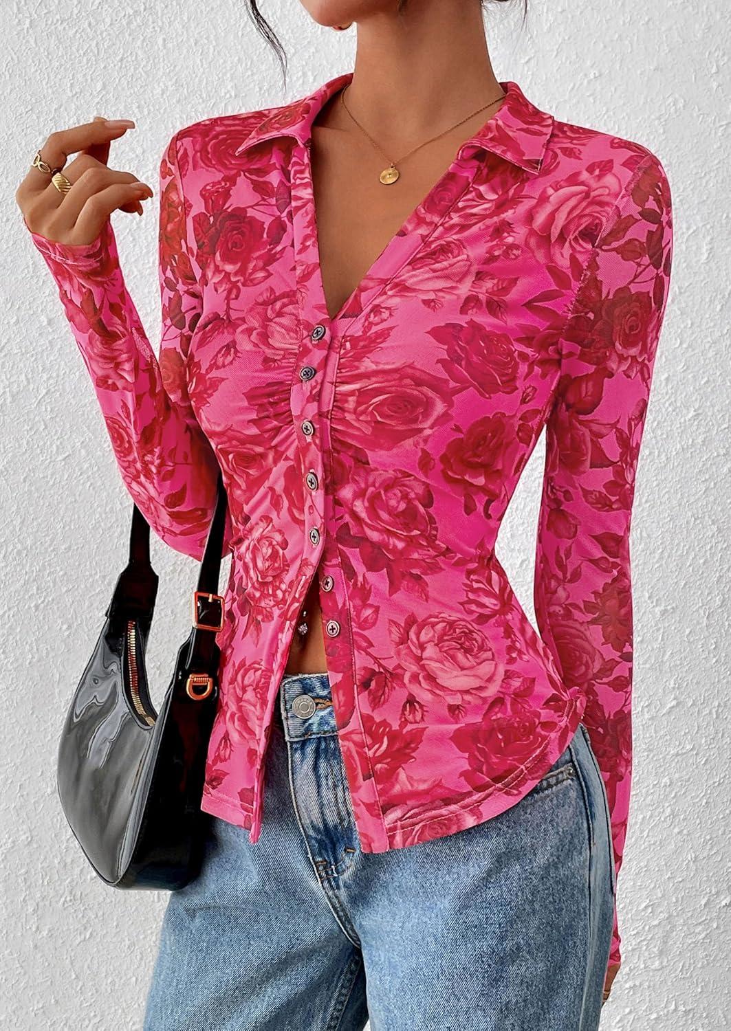 imagePRETTYGARDEN Women Button Down Floral Shirts 2025 Fall Trendy Long Sleeve V Neck Ruched Fitted Mesh Blouse Tops Date OutfitsPink Red Floral