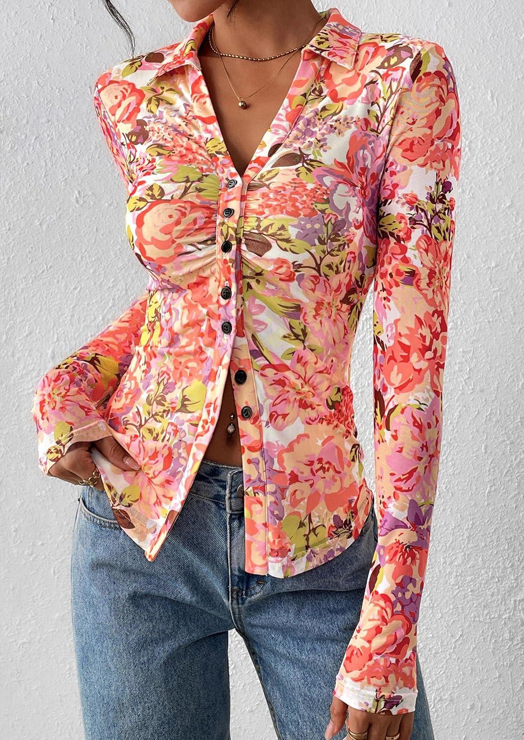 imagePRETTYGARDEN Women Button Down Floral Shirts 2025 Fall Trendy Long Sleeve V Neck Ruched Fitted Mesh Blouse Tops Date OutfitsRed Pink
