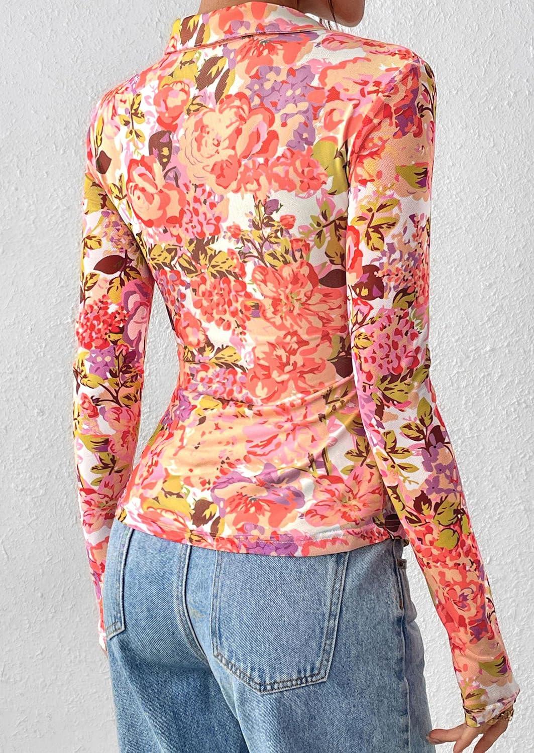 imagePRETTYGARDEN Women Button Down Floral Shirts 2025 Fall Trendy Long Sleeve V Neck Ruched Fitted Mesh Blouse Tops Date OutfitsRed Pink