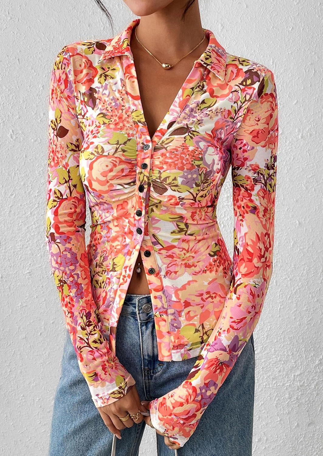 imagePRETTYGARDEN Women Button Down Floral Shirts 2025 Fall Trendy Long Sleeve V Neck Ruched Fitted Mesh Blouse Tops Date OutfitsRed Pink