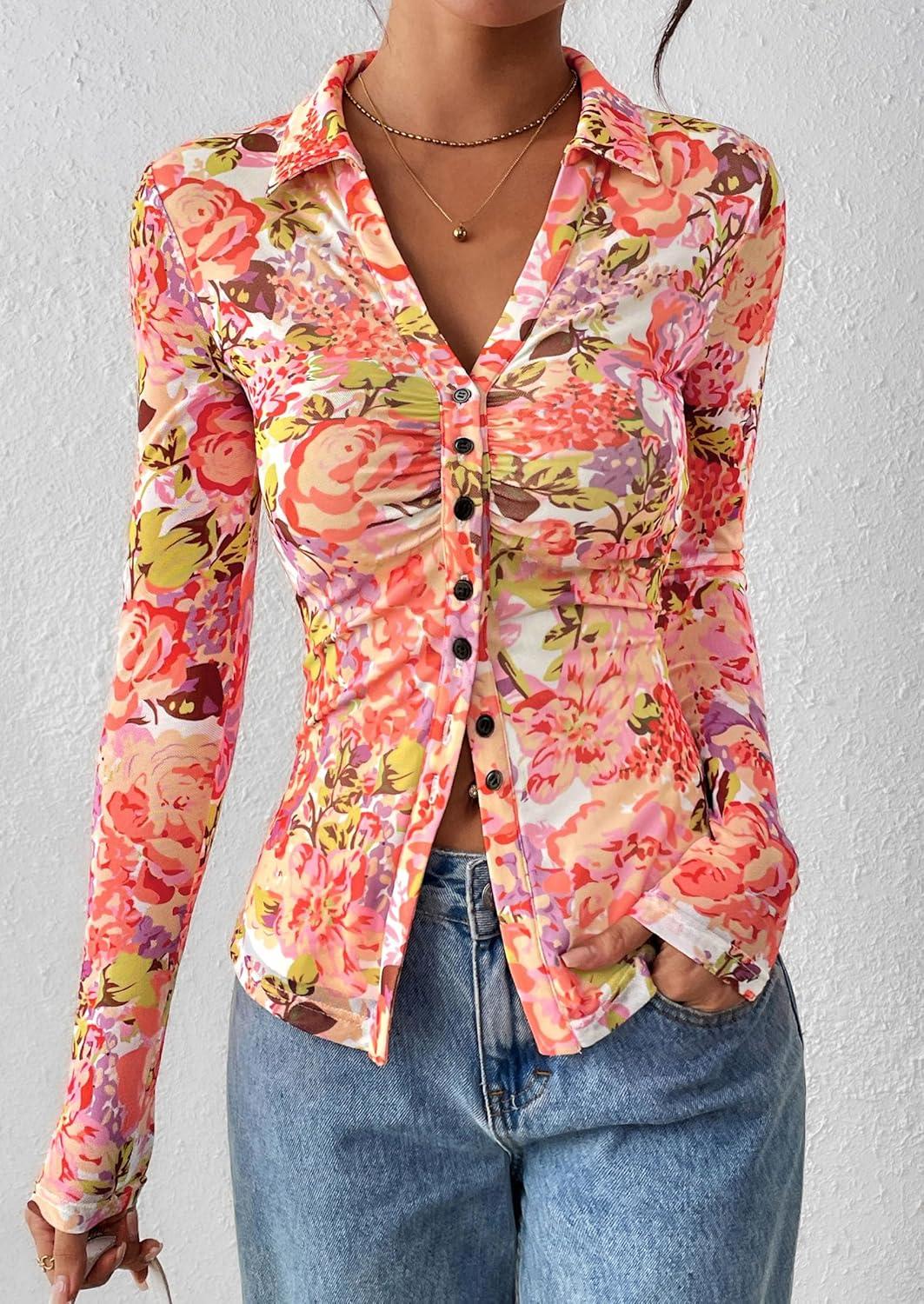 imagePRETTYGARDEN Women Button Down Floral Shirts 2025 Fall Trendy Long Sleeve V Neck Ruched Fitted Mesh Blouse Tops Date OutfitsRed Pink