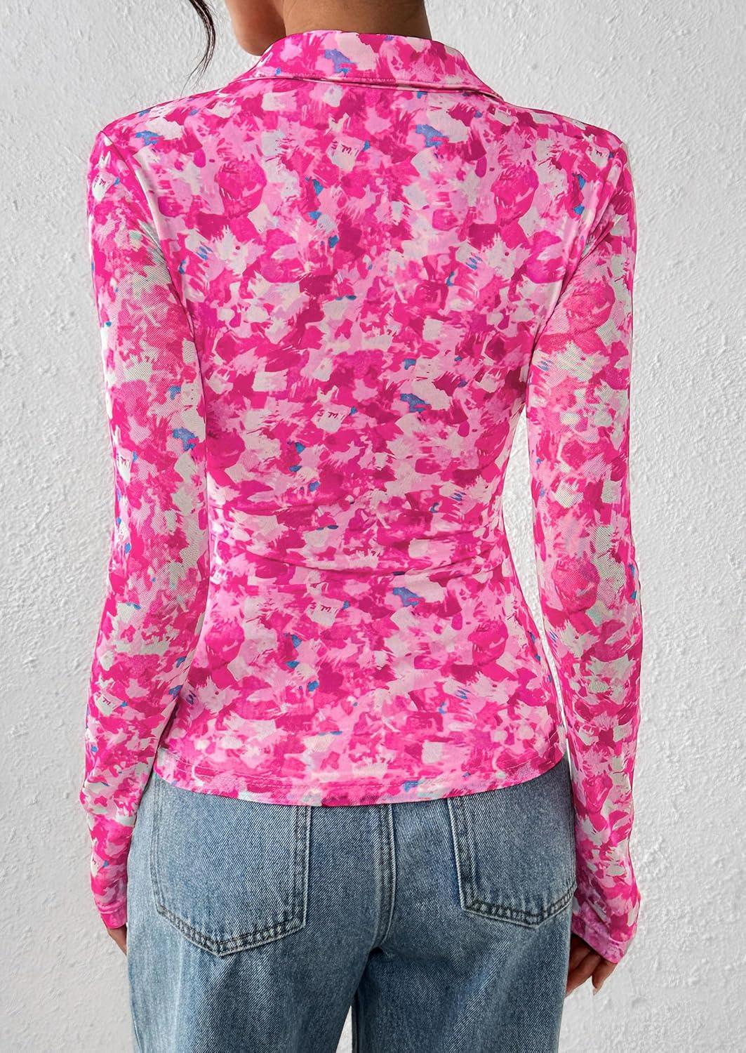 imagePRETTYGARDEN Women Button Down Floral Shirts 2025 Fall Trendy Long Sleeve V Neck Ruched Fitted Mesh Blouse Tops Date OutfitsRose Pink