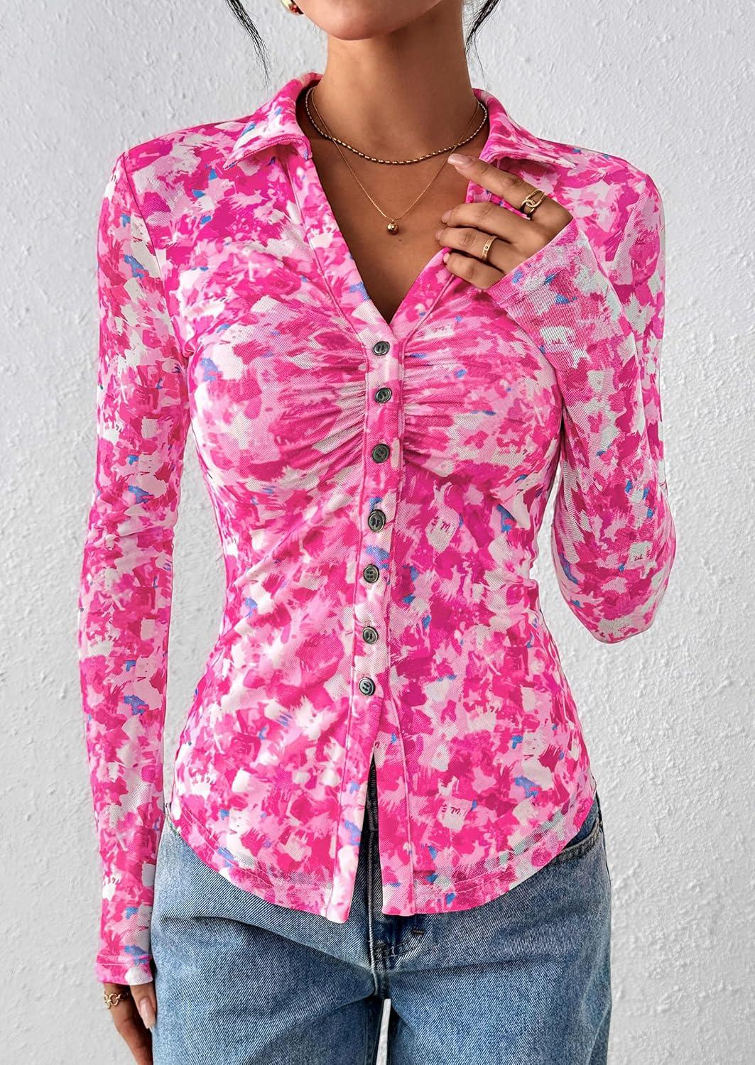 imagePRETTYGARDEN Women Button Down Floral Shirts 2025 Fall Trendy Long Sleeve V Neck Ruched Fitted Mesh Blouse Tops Date OutfitsRose Pink