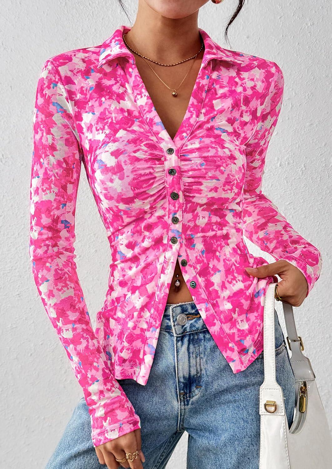 imagePRETTYGARDEN Women Button Down Floral Shirts 2025 Fall Trendy Long Sleeve V Neck Ruched Fitted Mesh Blouse Tops Date OutfitsRose Pink