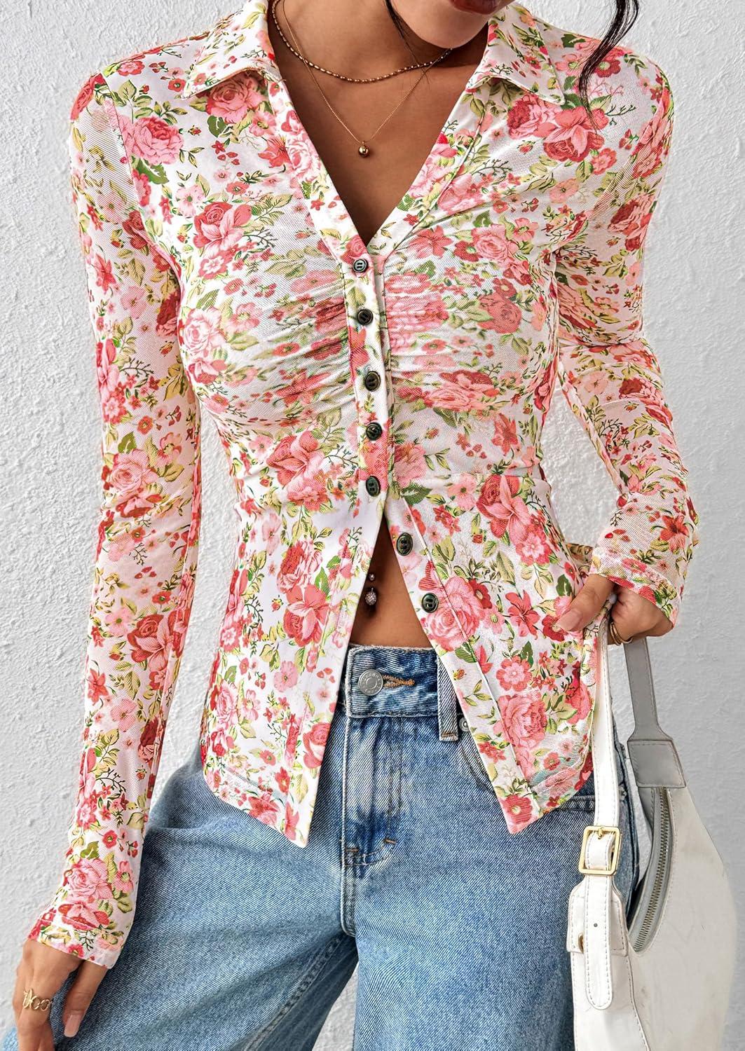imagePRETTYGARDEN Women Button Down Floral Shirts 2025 Fall Trendy Long Sleeve V Neck Ruched Fitted Mesh Blouse Tops Date OutfitsWhite Pink Floral
