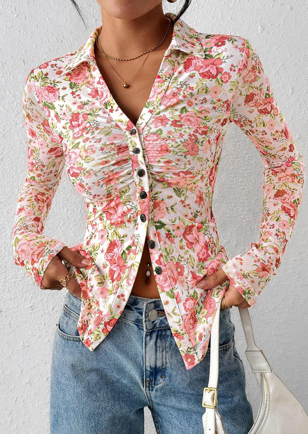 imagePRETTYGARDEN Women Button Down Floral Shirts 2025 Fall Trendy Long Sleeve V Neck Ruched Fitted Mesh Blouse Tops Date OutfitsWhite Pink Floral