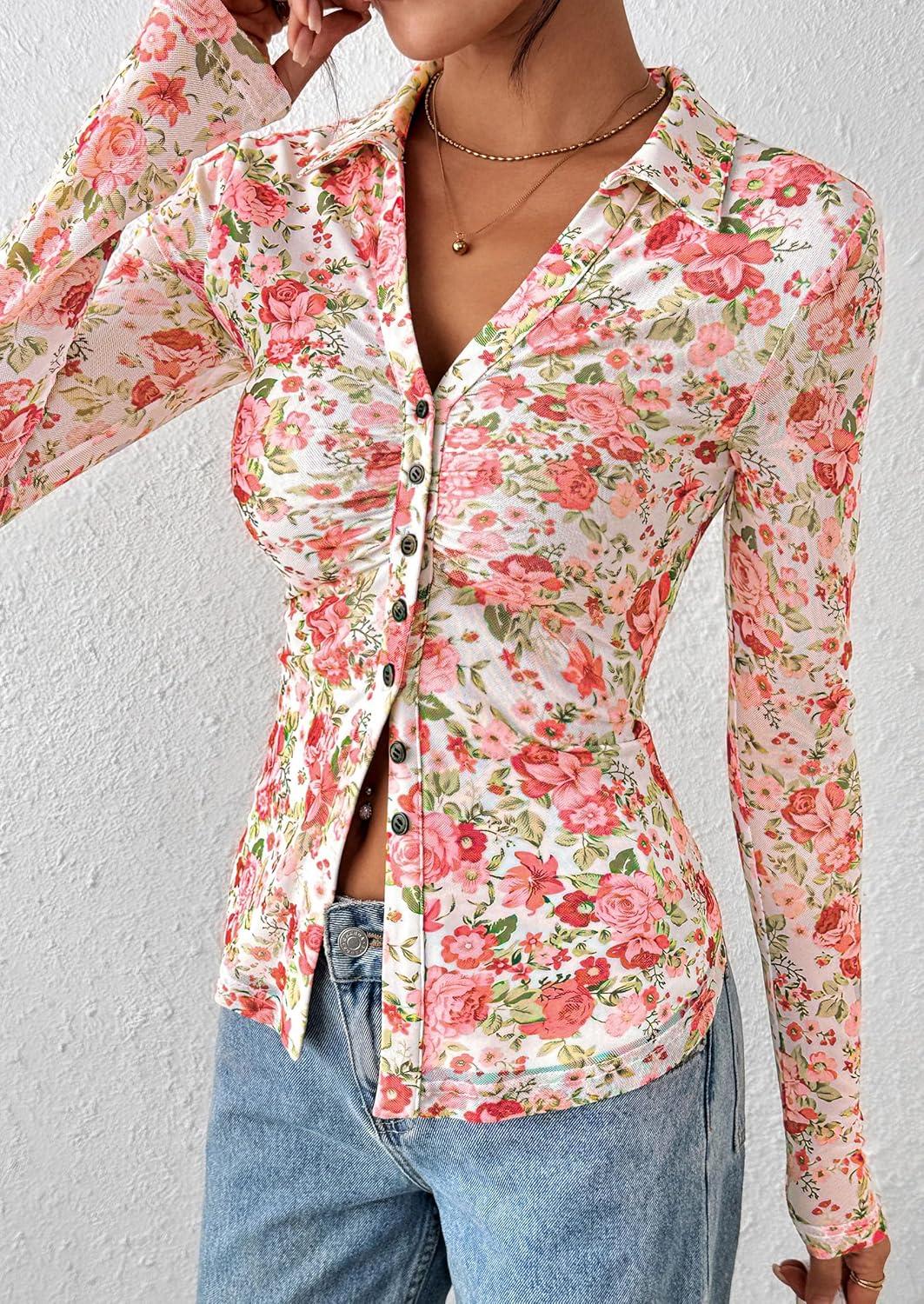 imagePRETTYGARDEN Women Button Down Floral Shirts 2025 Fall Trendy Long Sleeve V Neck Ruched Fitted Mesh Blouse Tops Date OutfitsWhite Pink Floral