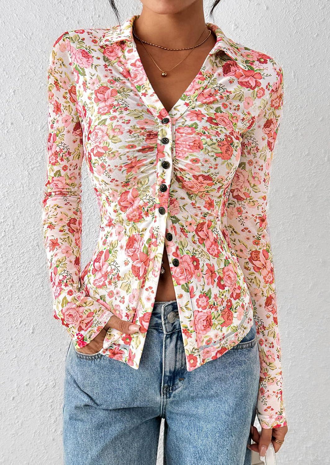 imagePRETTYGARDEN Women Button Down Floral Shirts 2025 Fall Trendy Long Sleeve V Neck Ruched Fitted Mesh Blouse Tops Date OutfitsWhite Pink Floral