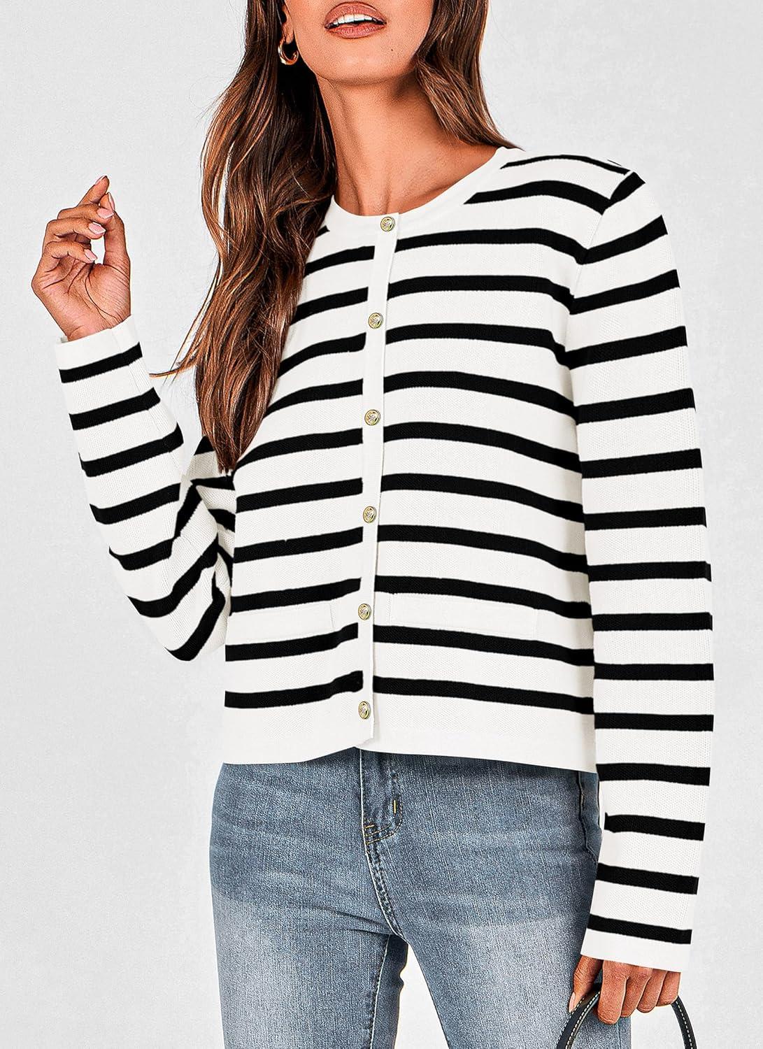 imagePRETTYGARDEN Womens 2024 Winter Cardigan Striped Sweater Button Down Open Front Long Sleeve Knit Shirt Trendy Outerwear Striped WhiteSmall