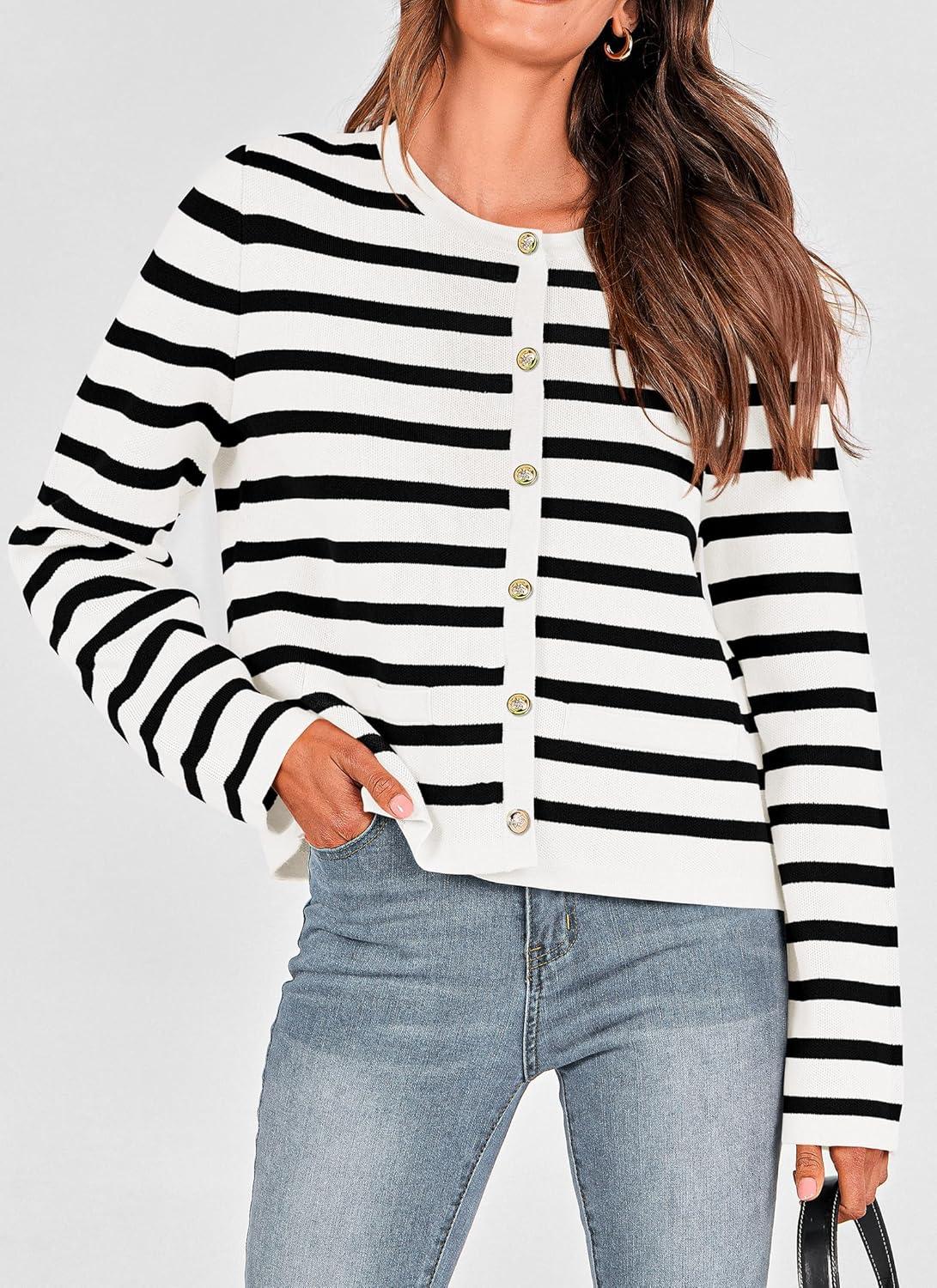 imagePRETTYGARDEN Womens 2024 Winter Cardigan Striped Sweater Button Down Open Front Long Sleeve Knit Shirt Trendy Outerwear Striped WhiteSmall