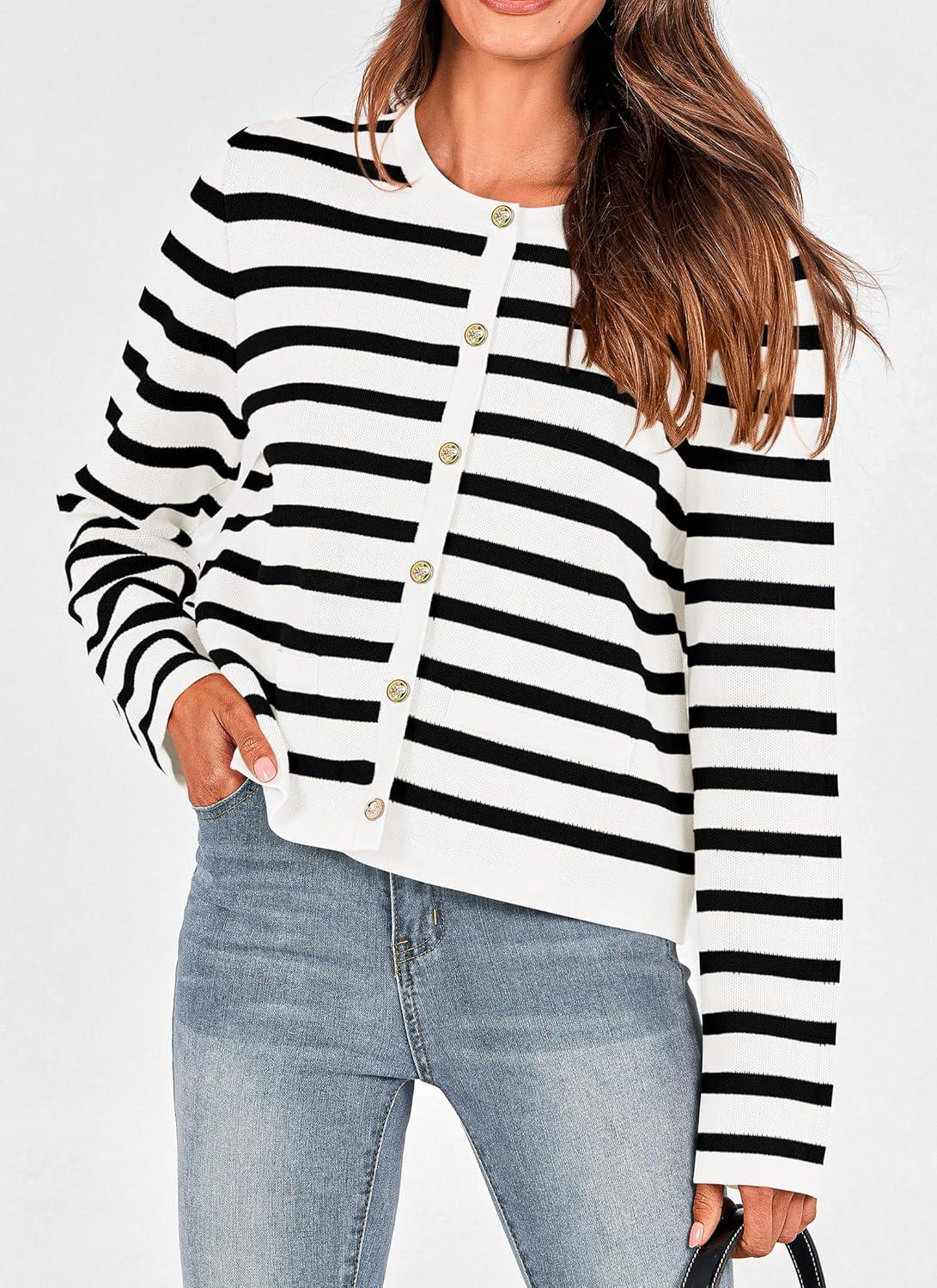 imagePRETTYGARDEN Womens 2024 Winter Cardigan Striped Sweater Button Down Open Front Long Sleeve Knit Shirt Trendy Outerwear Striped WhiteSmall