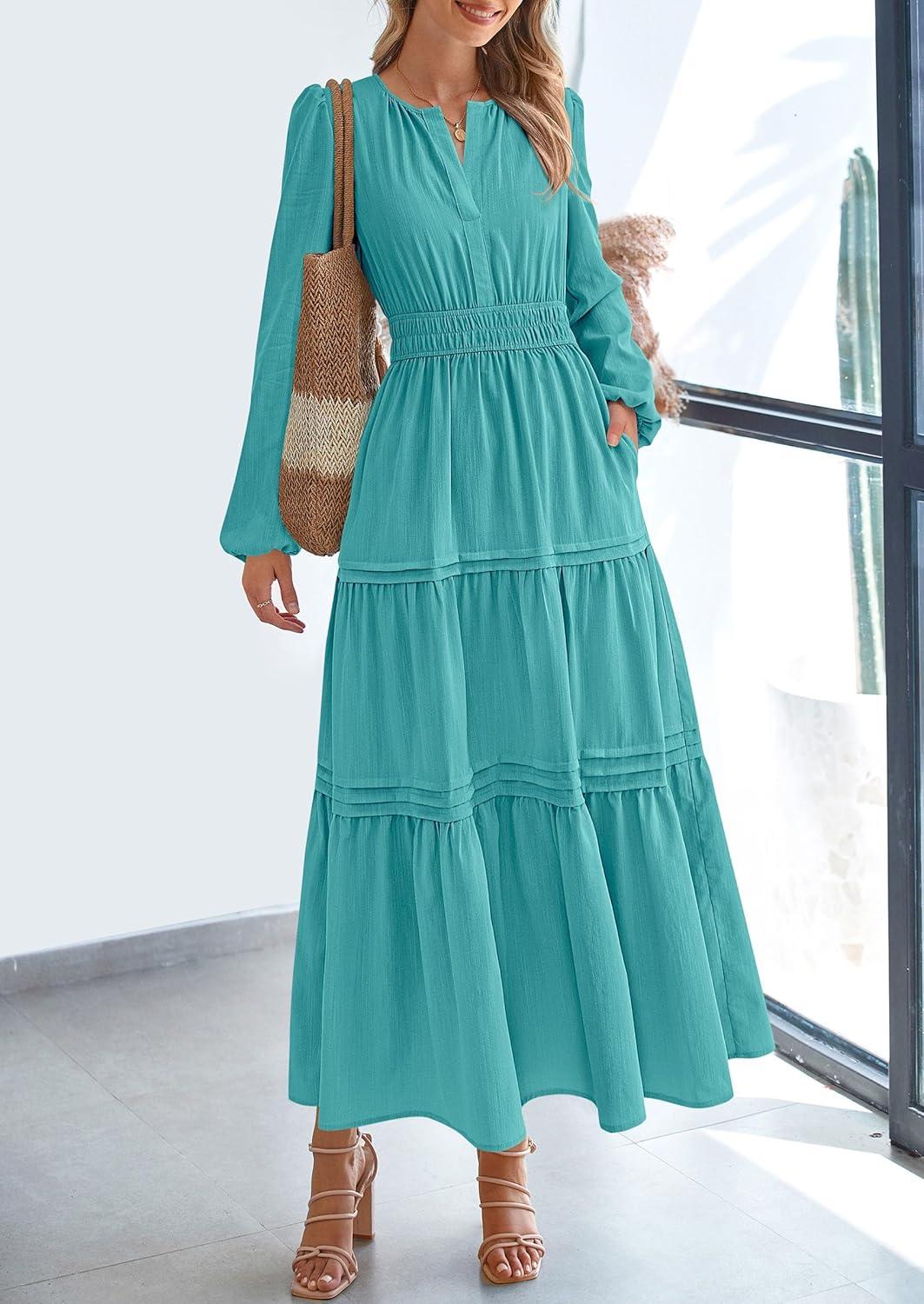 imagePRETTYGARDEN Womens 2025 Elegant Maxi Dresses Long Sleeve V Neck Flowy Pockets Casual Modest Dress Fall Fashion ClothesAqua Green
