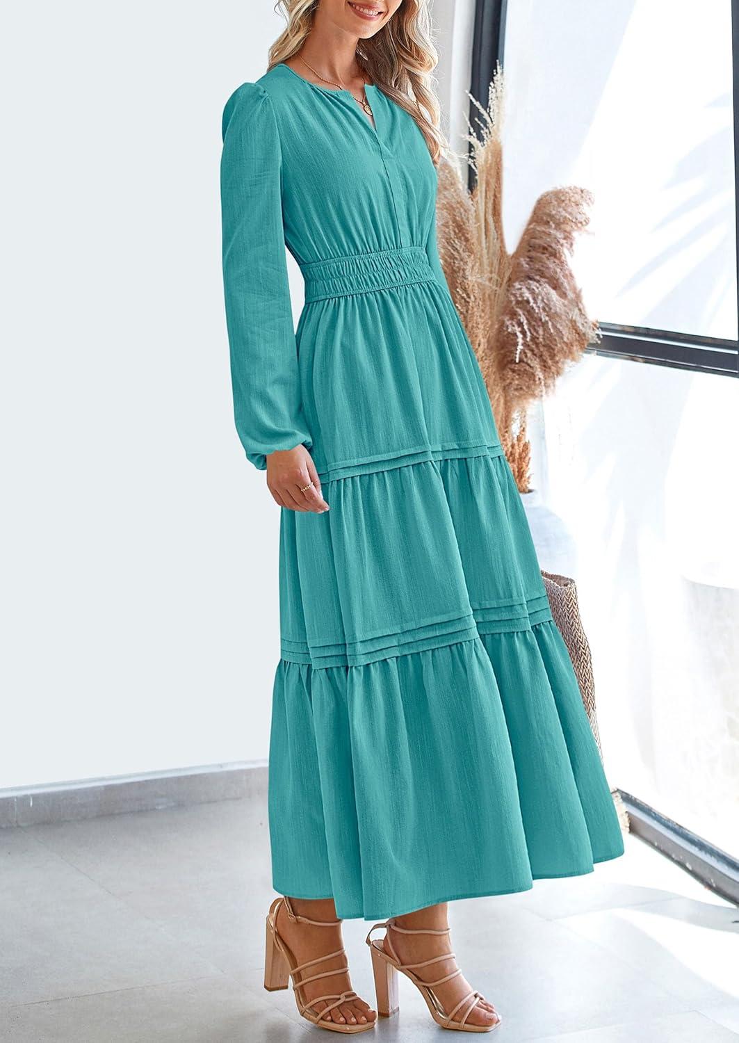 imagePRETTYGARDEN Womens 2025 Elegant Maxi Dresses Long Sleeve V Neck Flowy Pockets Casual Modest Dress Fall Fashion ClothesAqua Green