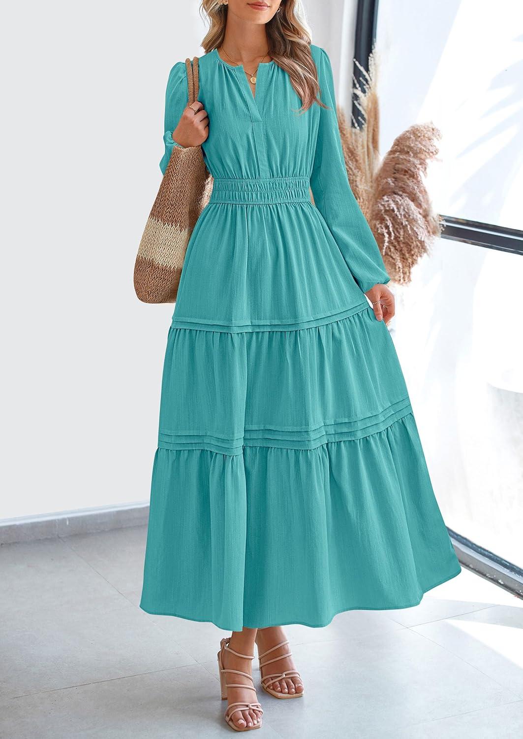 imagePRETTYGARDEN Womens 2025 Elegant Maxi Dresses Long Sleeve V Neck Flowy Pockets Casual Modest Dress Fall Fashion ClothesAqua Green