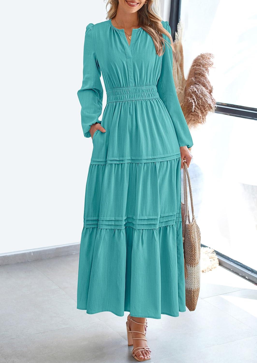 imagePRETTYGARDEN Womens 2025 Elegant Maxi Dresses Long Sleeve V Neck Flowy Pockets Casual Modest Dress Fall Fashion ClothesAqua Green