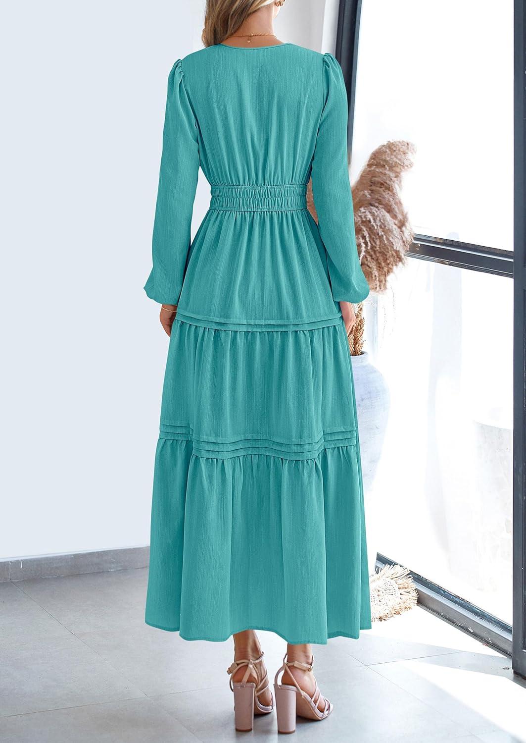 imagePRETTYGARDEN Womens 2025 Elegant Maxi Dresses Long Sleeve V Neck Flowy Pockets Casual Modest Dress Fall Fashion ClothesAqua Green