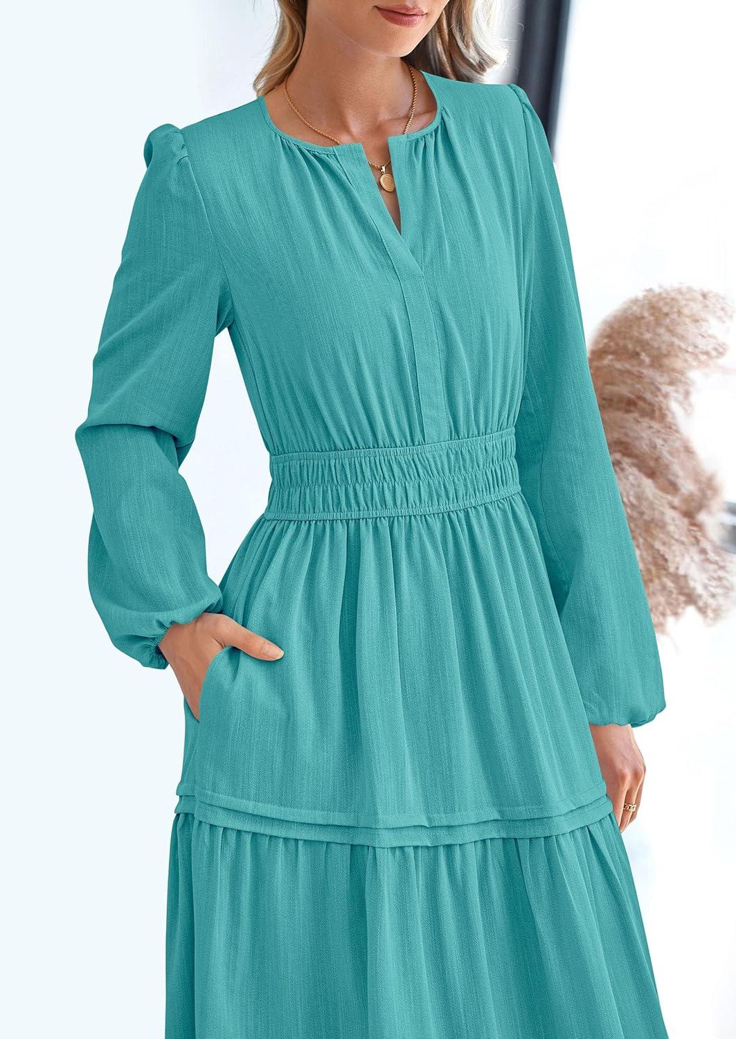 imagePRETTYGARDEN Womens 2025 Elegant Maxi Dresses Long Sleeve V Neck Flowy Pockets Casual Modest Dress Fall Fashion ClothesAqua Green