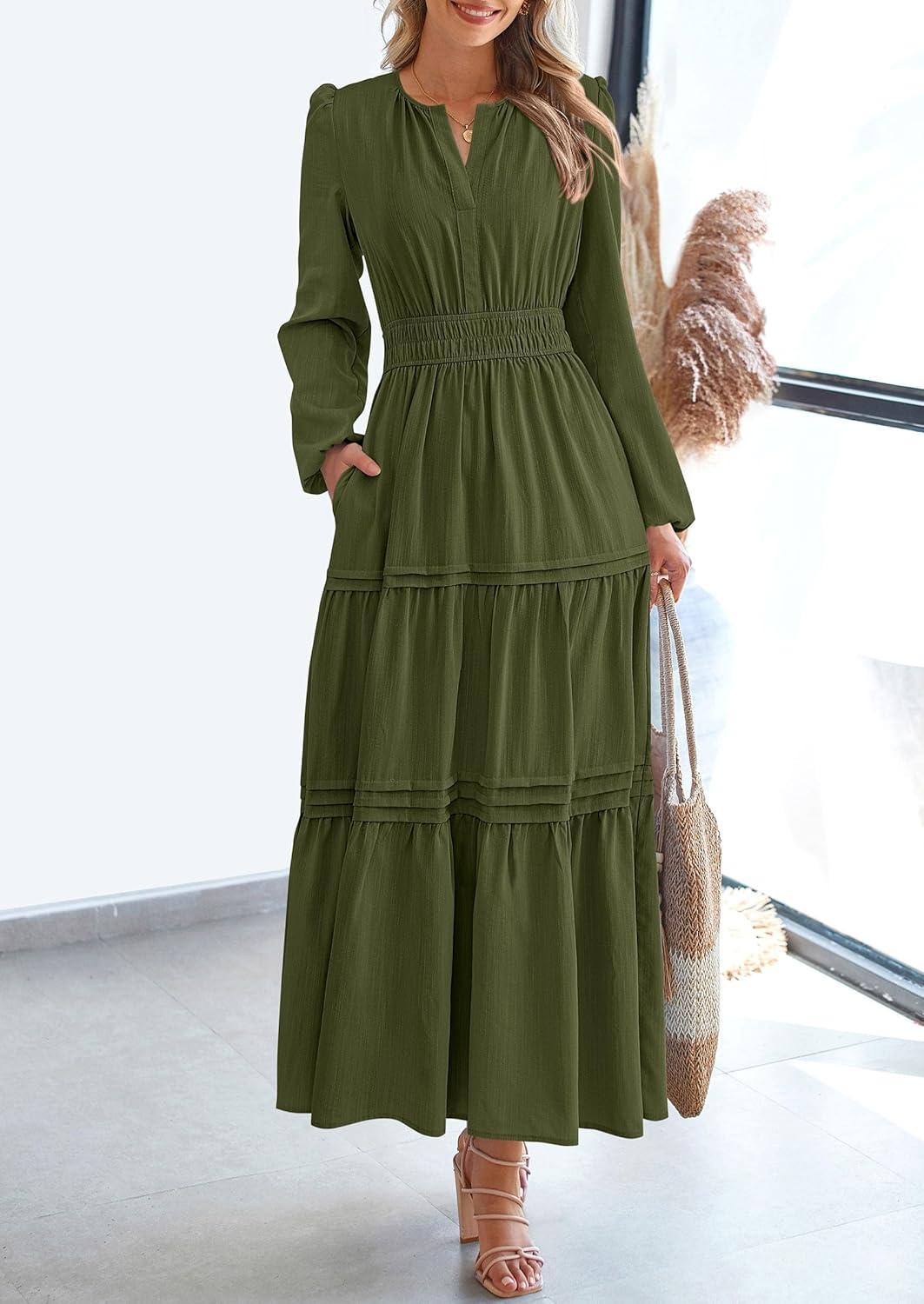 imagePRETTYGARDEN Womens 2025 Elegant Maxi Dresses Long Sleeve V Neck Flowy Pockets Casual Modest Dress Fall Fashion ClothesArmy Green