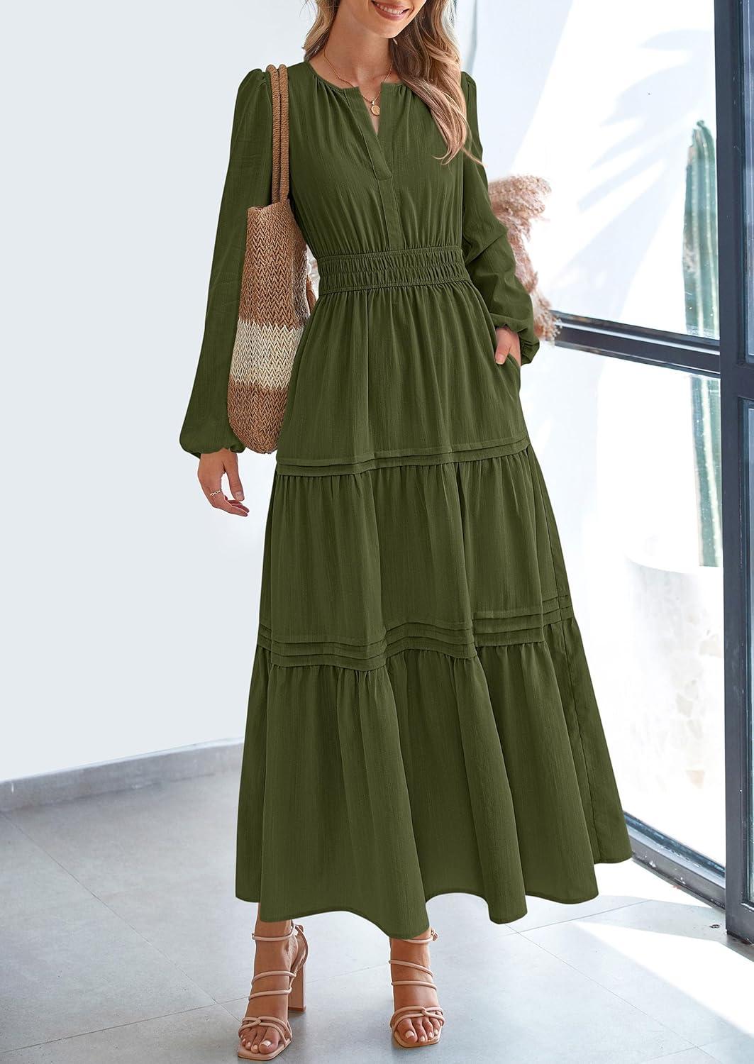 imagePRETTYGARDEN Womens 2025 Elegant Maxi Dresses Long Sleeve V Neck Flowy Pockets Casual Modest Dress Fall Fashion ClothesArmy Green