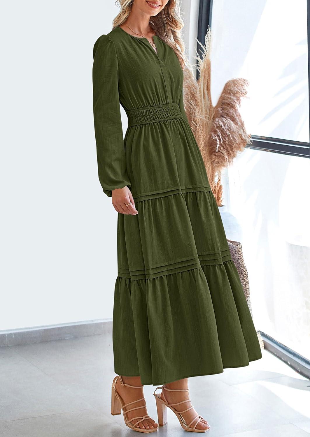 imagePRETTYGARDEN Womens 2025 Elegant Maxi Dresses Long Sleeve V Neck Flowy Pockets Casual Modest Dress Fall Fashion ClothesArmy Green