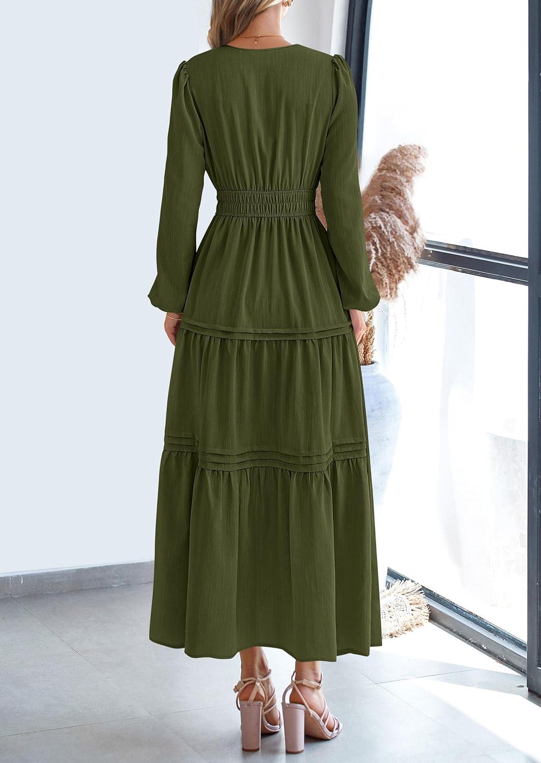 imagePRETTYGARDEN Womens 2025 Elegant Maxi Dresses Long Sleeve V Neck Flowy Pockets Casual Modest Dress Fall Fashion ClothesArmy Green