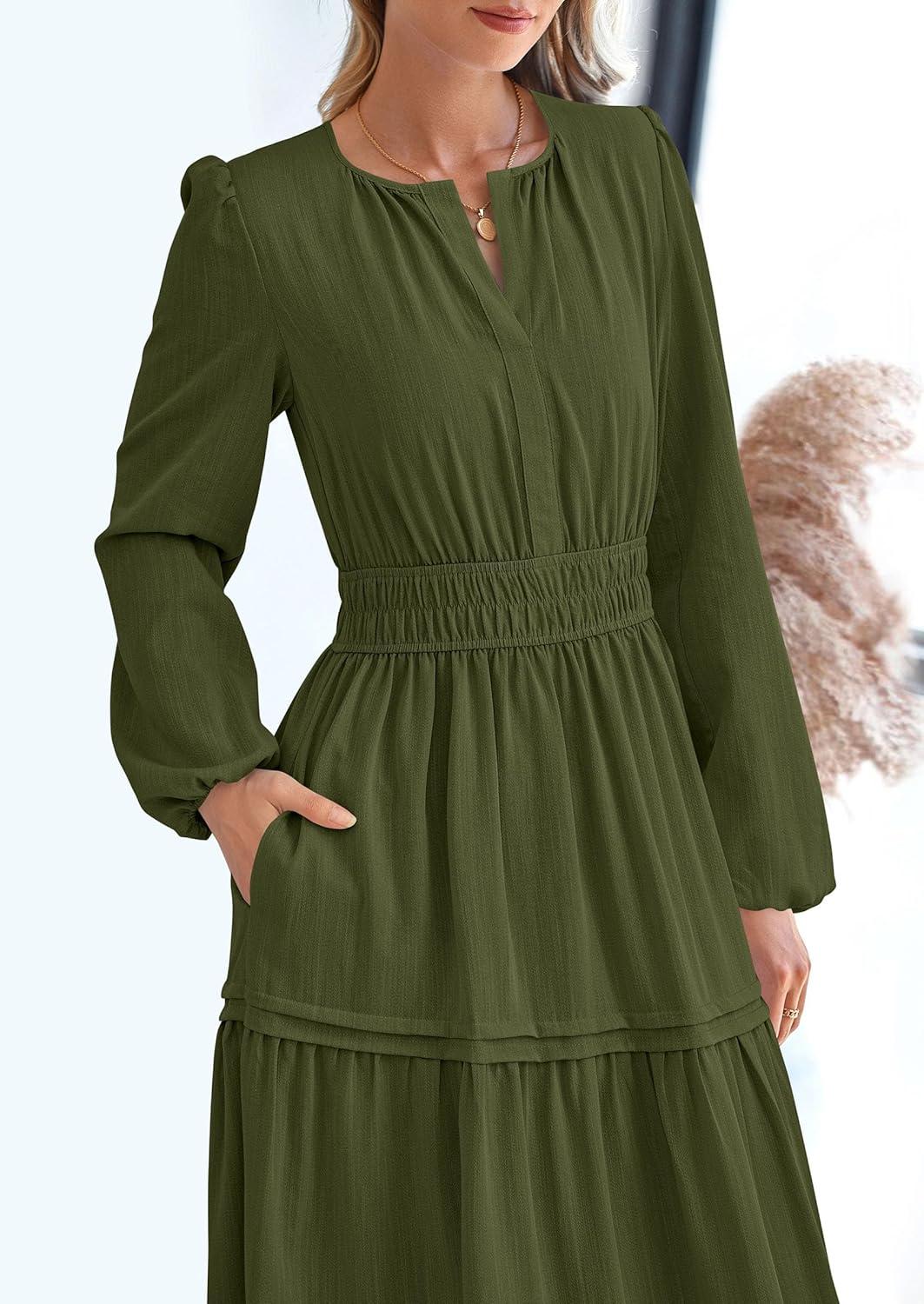 imagePRETTYGARDEN Womens 2025 Elegant Maxi Dresses Long Sleeve V Neck Flowy Pockets Casual Modest Dress Fall Fashion ClothesArmy Green