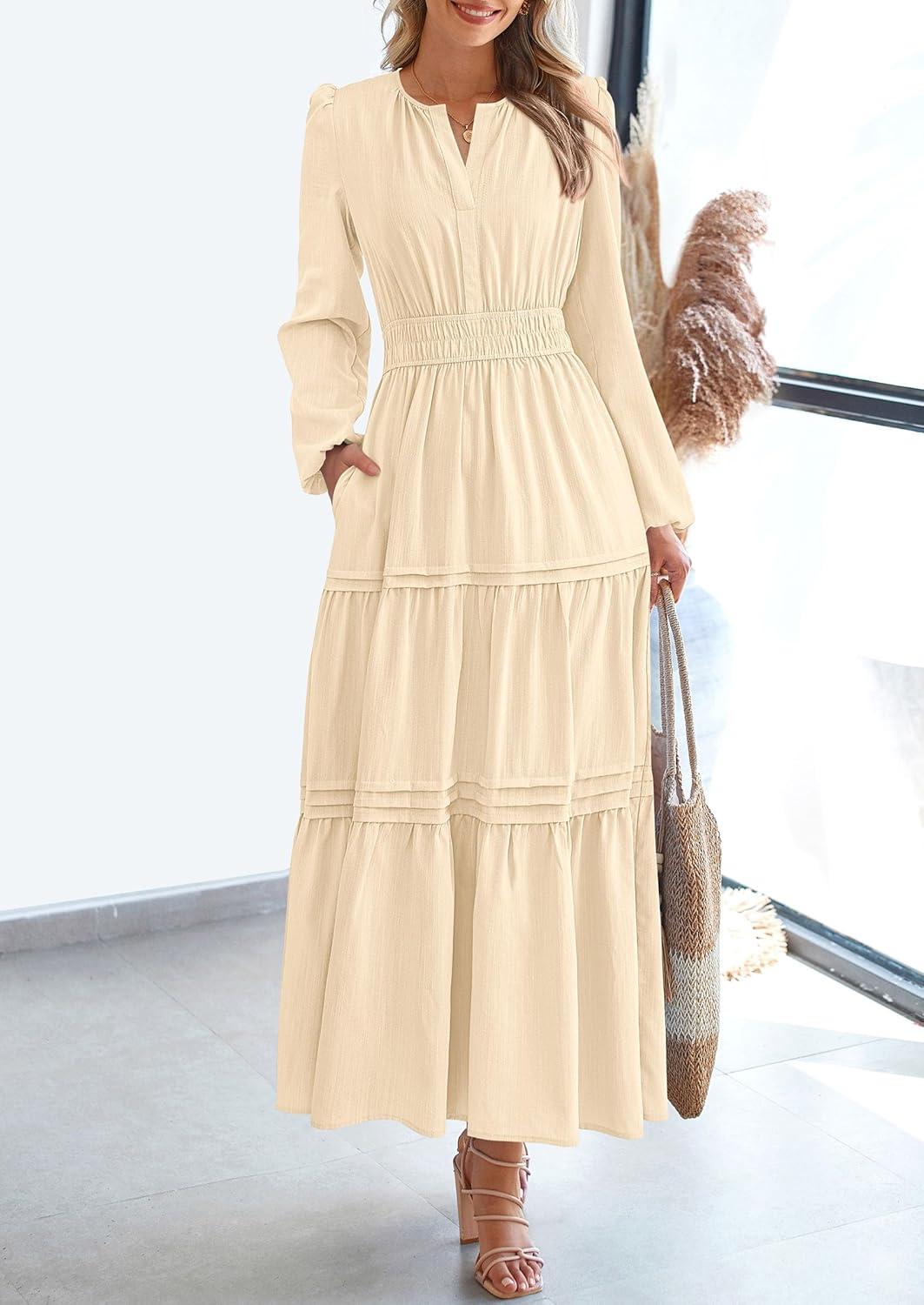 imagePRETTYGARDEN Womens 2025 Elegant Maxi Dresses Long Sleeve V Neck Flowy Pockets Casual Modest Dress Fall Fashion ClothesBeige