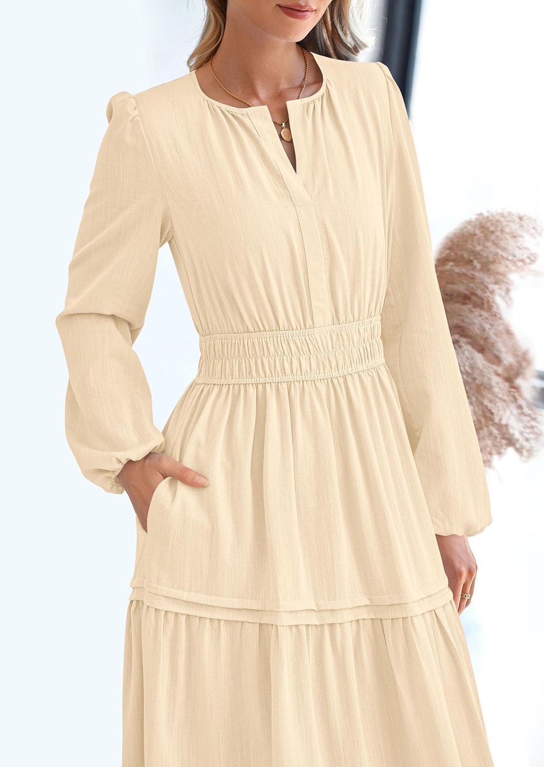 imagePRETTYGARDEN Womens 2025 Elegant Maxi Dresses Long Sleeve V Neck Flowy Pockets Casual Modest Dress Fall Fashion ClothesBeige