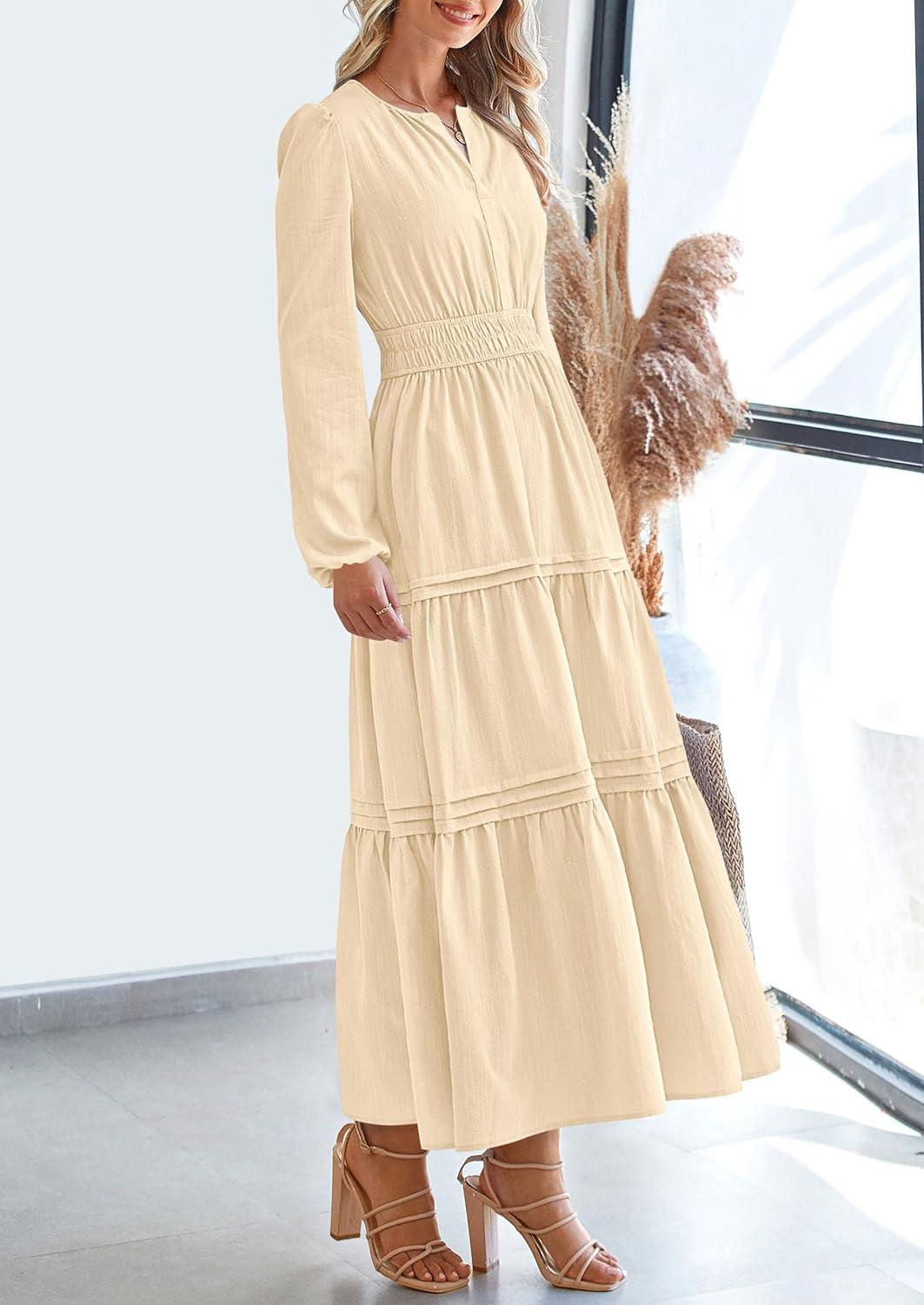imagePRETTYGARDEN Womens 2025 Elegant Maxi Dresses Long Sleeve V Neck Flowy Pockets Casual Modest Dress Fall Fashion ClothesBeige