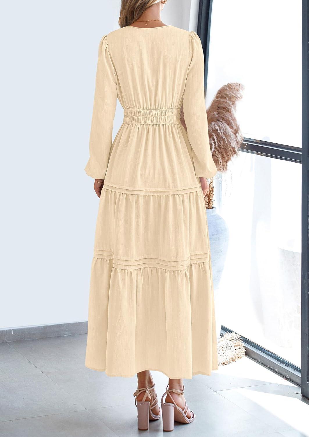 imagePRETTYGARDEN Womens 2025 Elegant Maxi Dresses Long Sleeve V Neck Flowy Pockets Casual Modest Dress Fall Fashion ClothesBeige