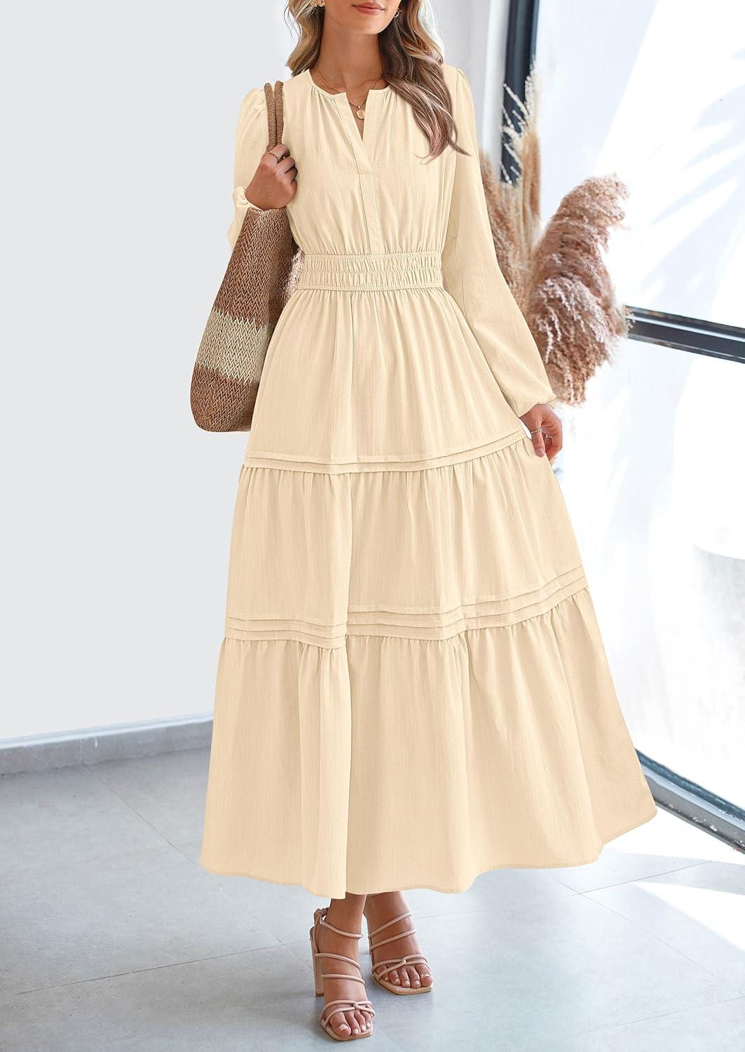 imagePRETTYGARDEN Womens 2025 Elegant Maxi Dresses Long Sleeve V Neck Flowy Pockets Casual Modest Dress Fall Fashion ClothesBeige