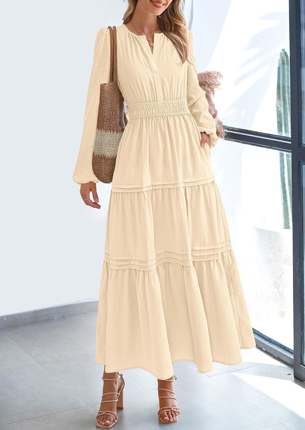 imagePRETTYGARDEN Womens 2025 Elegant Maxi Dresses Long Sleeve V Neck Flowy Pockets Casual Modest Dress Fall Fashion ClothesBeige
