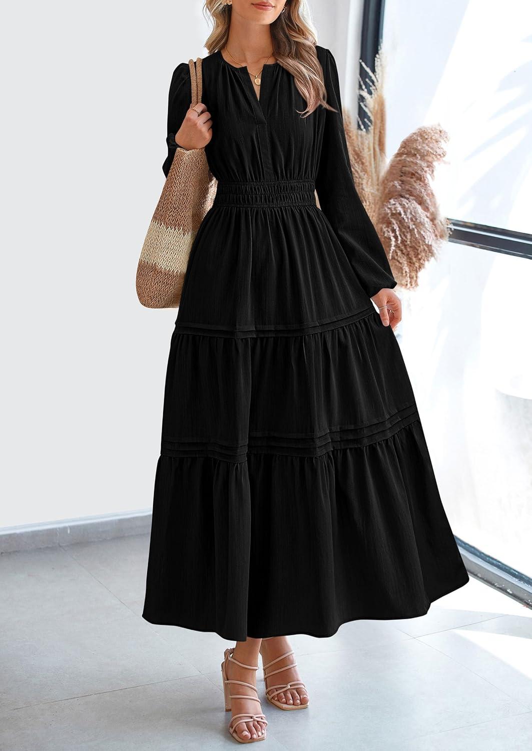 imagePRETTYGARDEN Womens 2025 Elegant Maxi Dresses Long Sleeve V Neck Flowy Pockets Casual Modest Dress Fall Fashion ClothesBlack