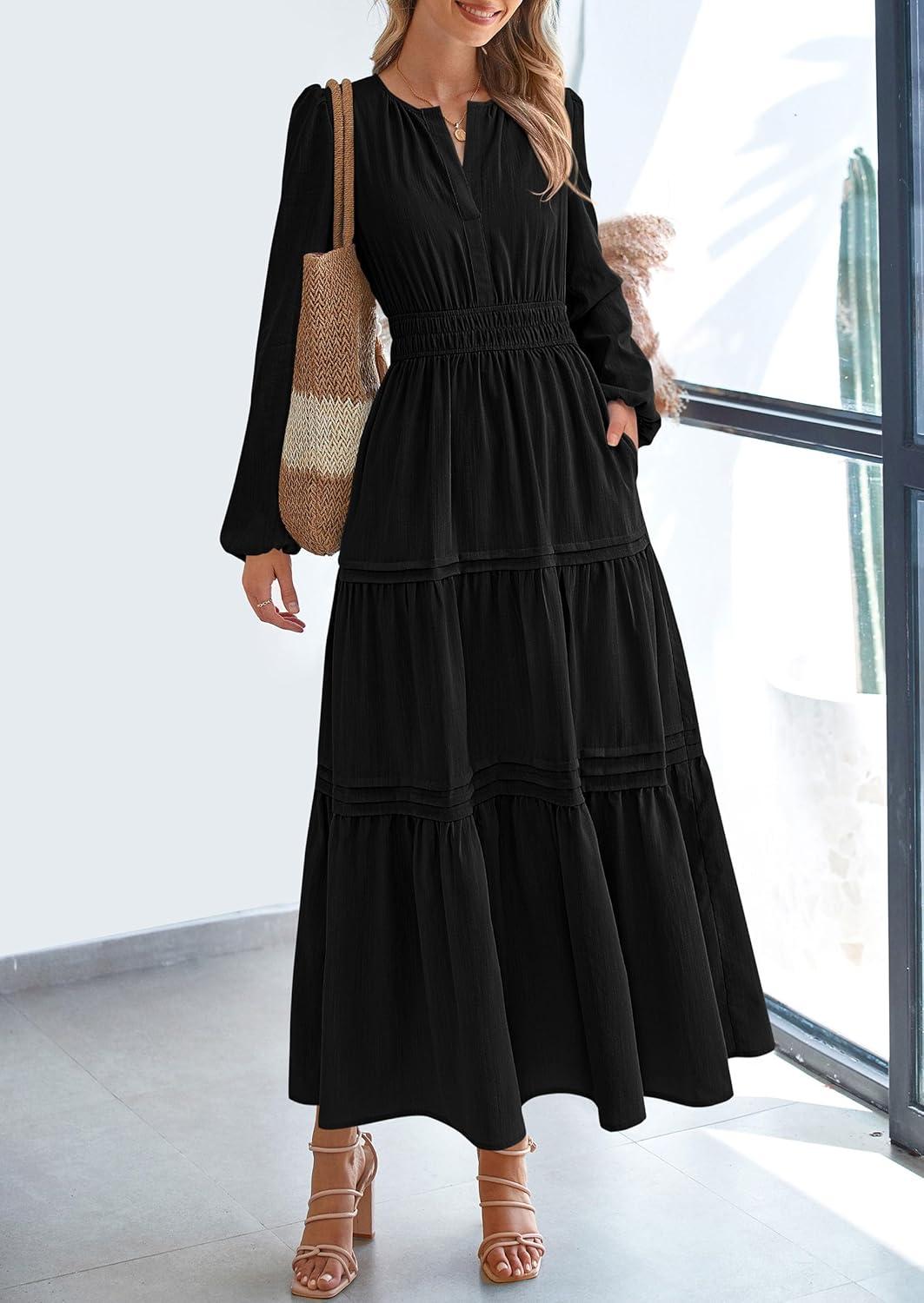 imagePRETTYGARDEN Womens 2025 Elegant Maxi Dresses Long Sleeve V Neck Flowy Pockets Casual Modest Dress Fall Fashion ClothesBlack