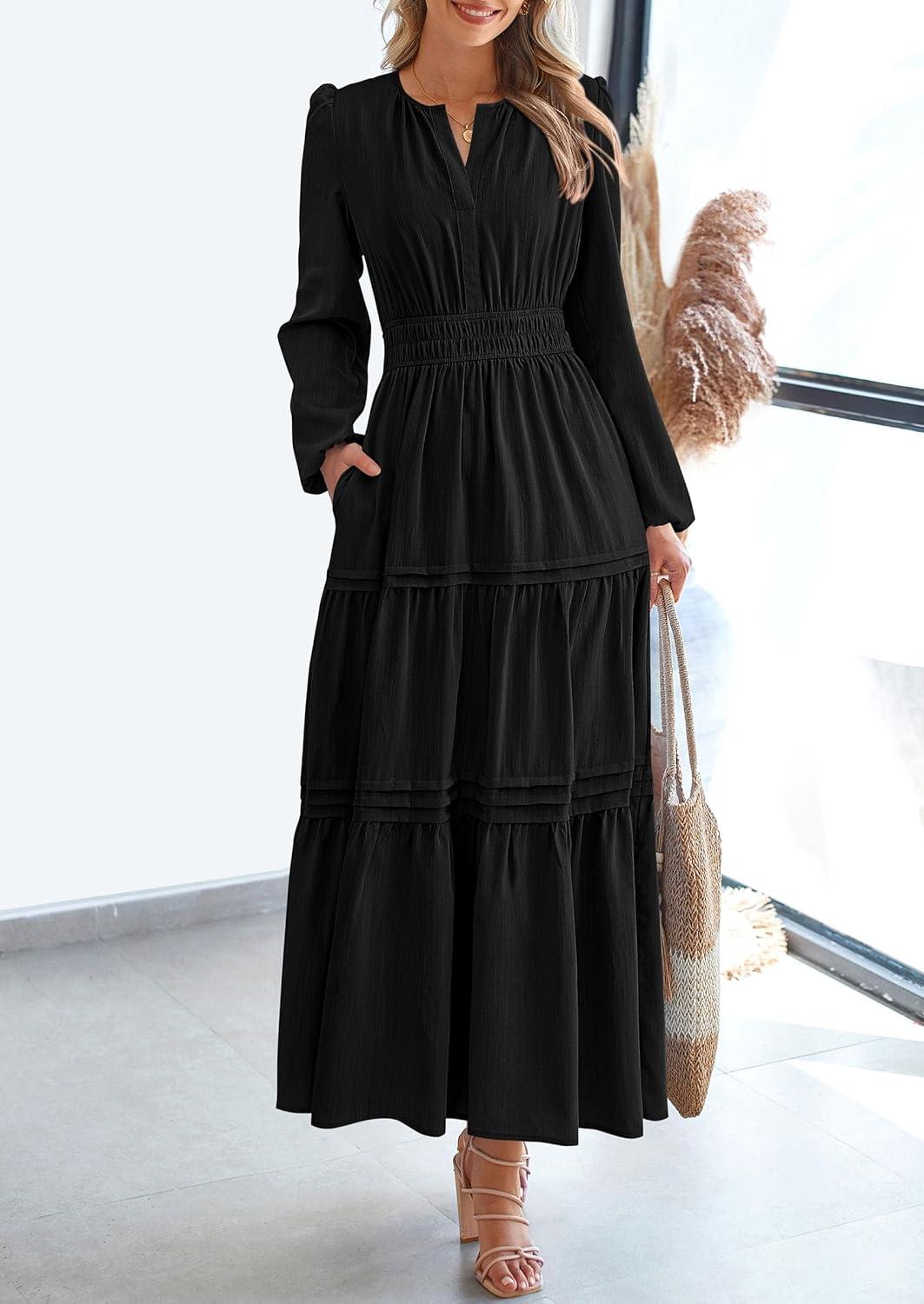 imagePRETTYGARDEN Womens 2025 Elegant Maxi Dresses Long Sleeve V Neck Flowy Pockets Casual Modest Dress Fall Fashion ClothesBlack