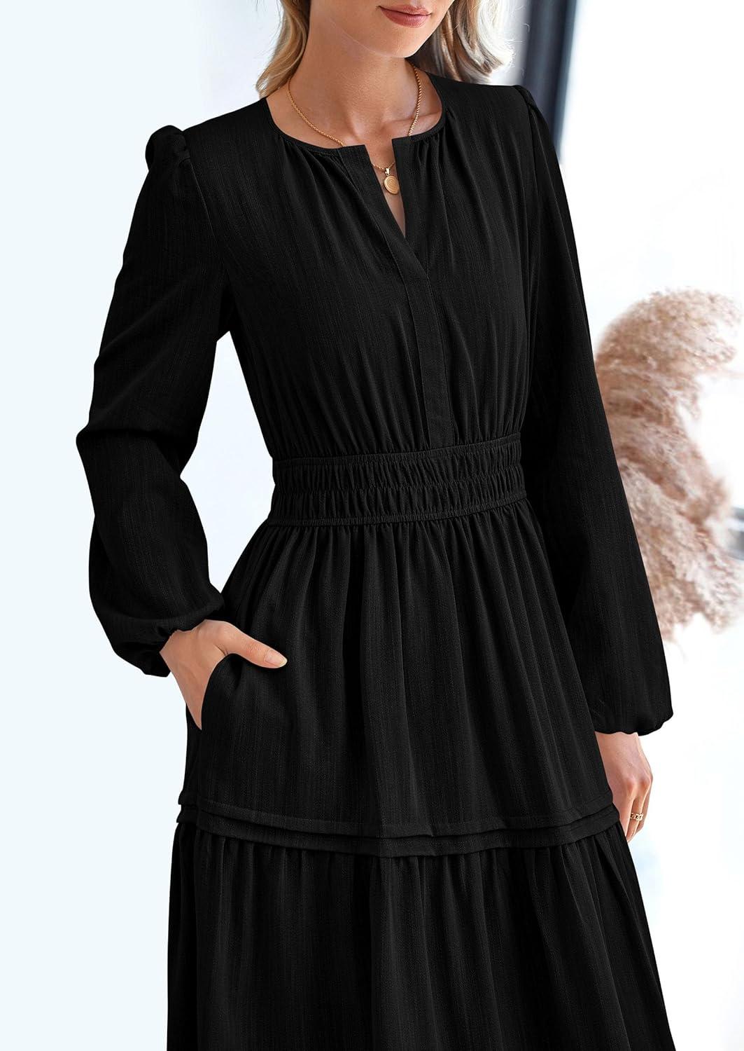imagePRETTYGARDEN Womens 2025 Elegant Maxi Dresses Long Sleeve V Neck Flowy Pockets Casual Modest Dress Fall Fashion ClothesBlack