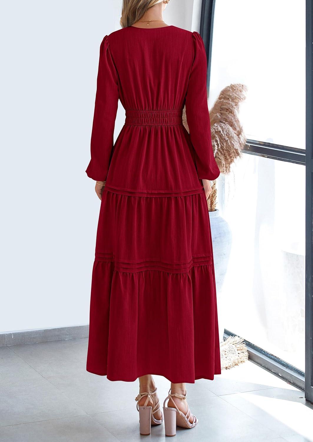 imagePRETTYGARDEN Womens 2025 Elegant Maxi Dresses Long Sleeve V Neck Flowy Pockets Casual Modest Dress Fall Fashion ClothesBurgundy