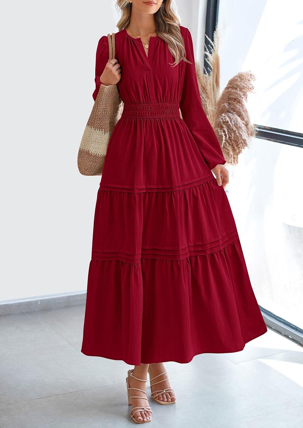 imagePRETTYGARDEN Womens 2025 Elegant Maxi Dresses Long Sleeve V Neck Flowy Pockets Casual Modest Dress Fall Fashion ClothesBurgundy
