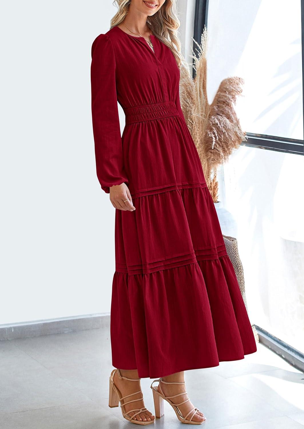 imagePRETTYGARDEN Womens 2025 Elegant Maxi Dresses Long Sleeve V Neck Flowy Pockets Casual Modest Dress Fall Fashion ClothesBurgundy