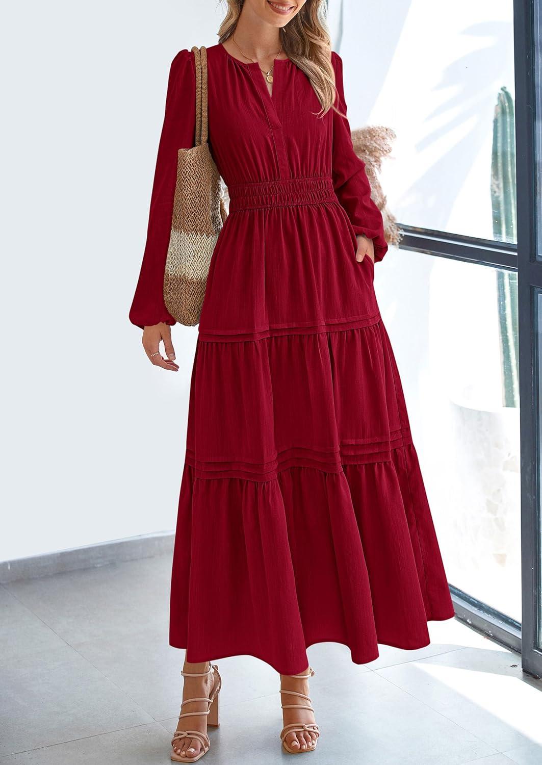 imagePRETTYGARDEN Womens 2025 Elegant Maxi Dresses Long Sleeve V Neck Flowy Pockets Casual Modest Dress Fall Fashion ClothesBurgundy