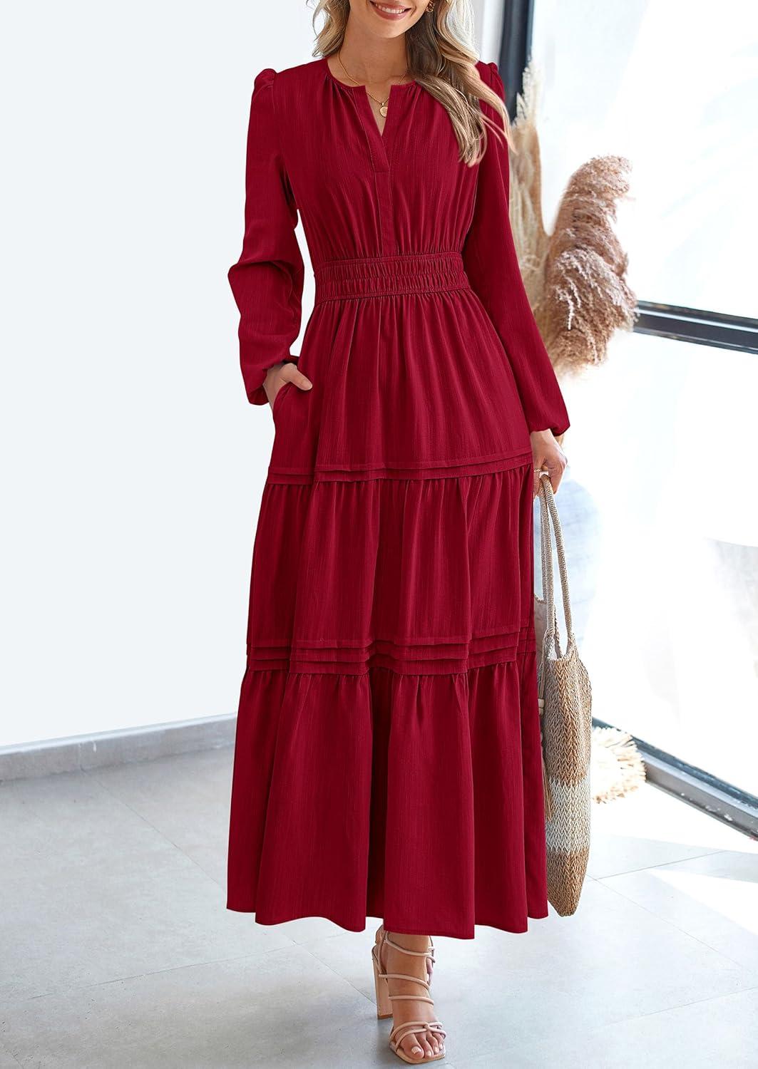 imagePRETTYGARDEN Womens 2025 Elegant Maxi Dresses Long Sleeve V Neck Flowy Pockets Casual Modest Dress Fall Fashion ClothesBurgundy