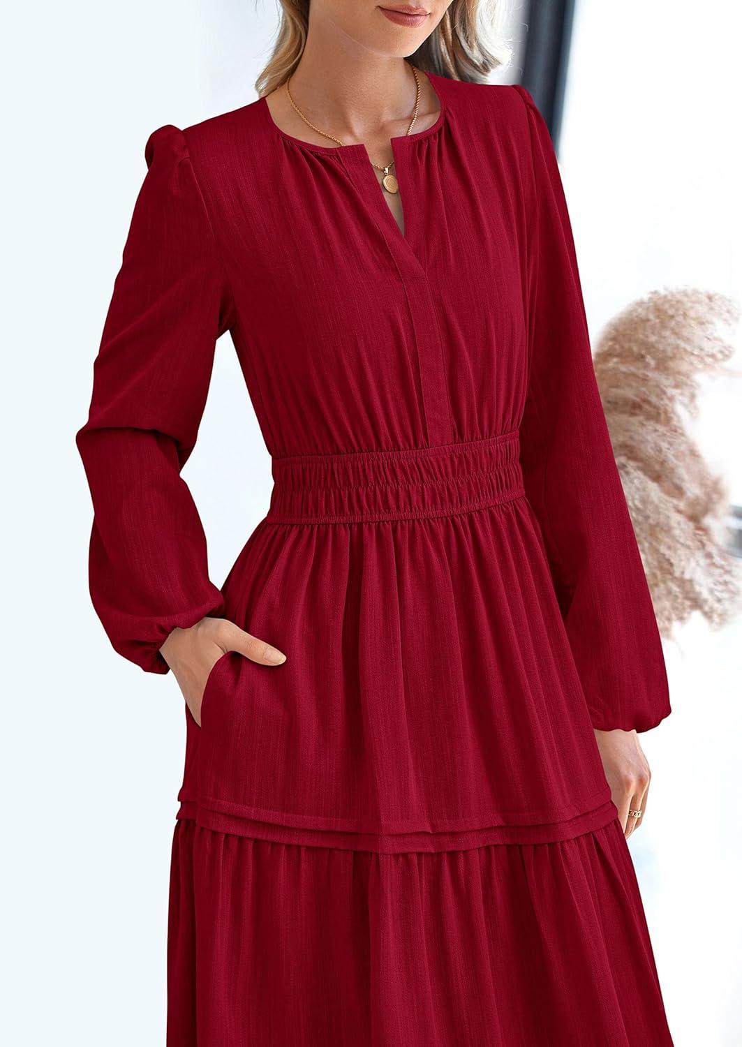 imagePRETTYGARDEN Womens 2025 Elegant Maxi Dresses Long Sleeve V Neck Flowy Pockets Casual Modest Dress Fall Fashion ClothesBurgundy