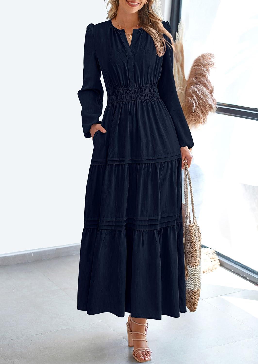 imagePRETTYGARDEN Womens 2025 Elegant Maxi Dresses Long Sleeve V Neck Flowy Pockets Casual Modest Dress Fall Fashion ClothesDark Blue
