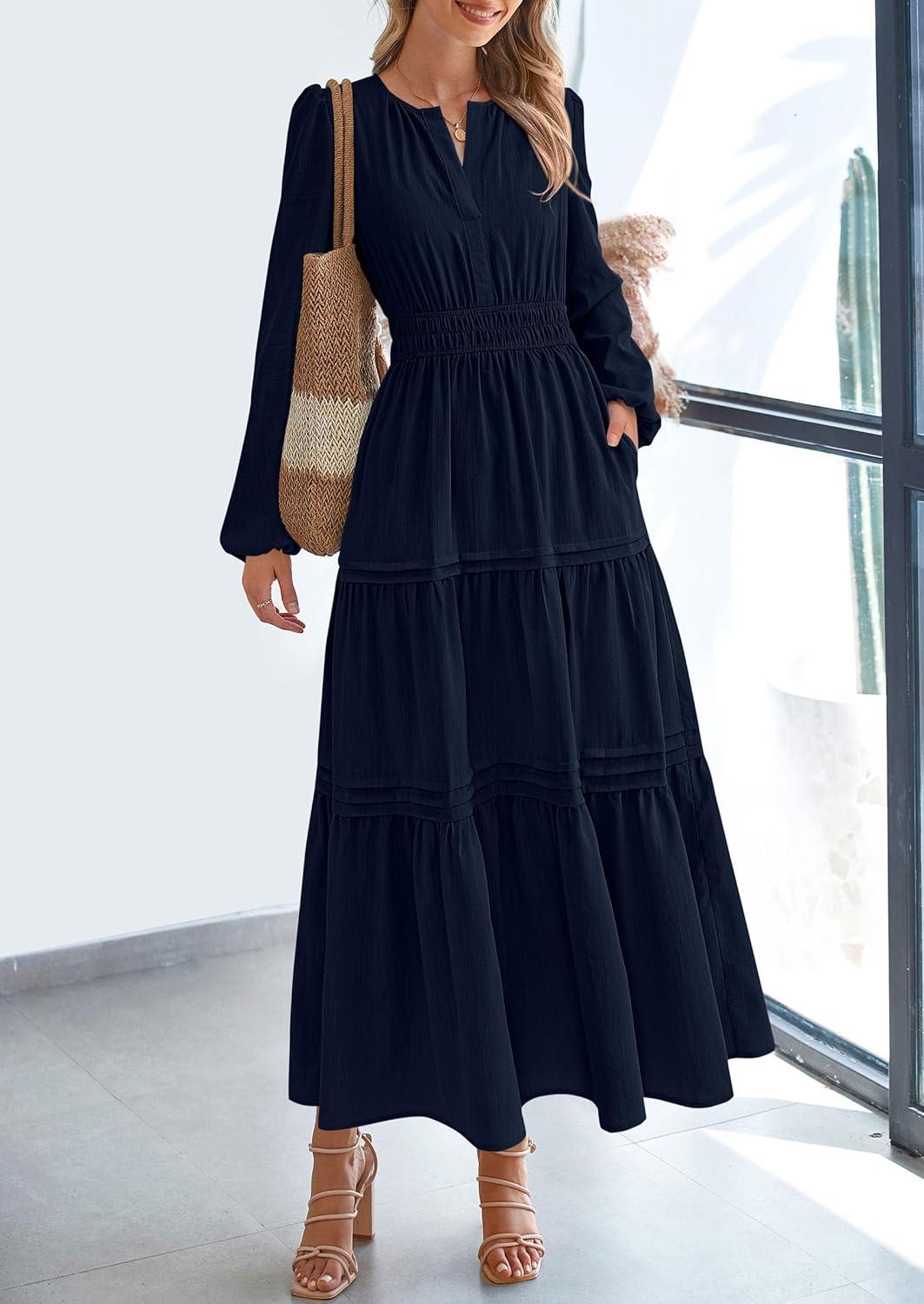 imagePRETTYGARDEN Womens 2025 Elegant Maxi Dresses Long Sleeve V Neck Flowy Pockets Casual Modest Dress Fall Fashion ClothesDark Blue