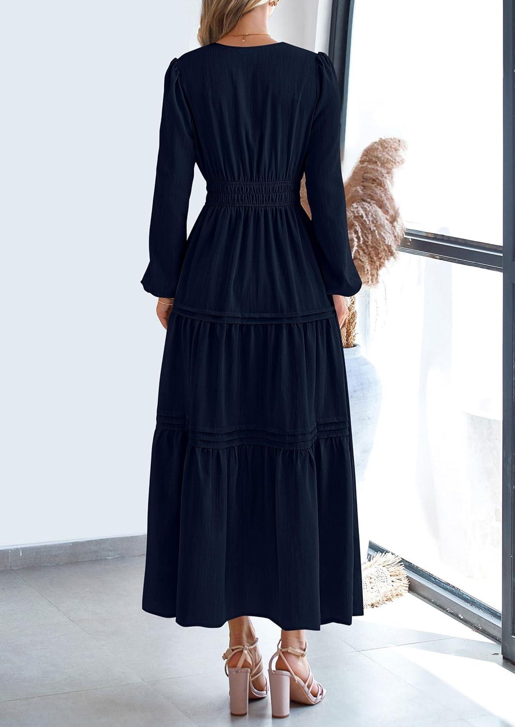 imagePRETTYGARDEN Womens 2025 Elegant Maxi Dresses Long Sleeve V Neck Flowy Pockets Casual Modest Dress Fall Fashion ClothesDark Blue