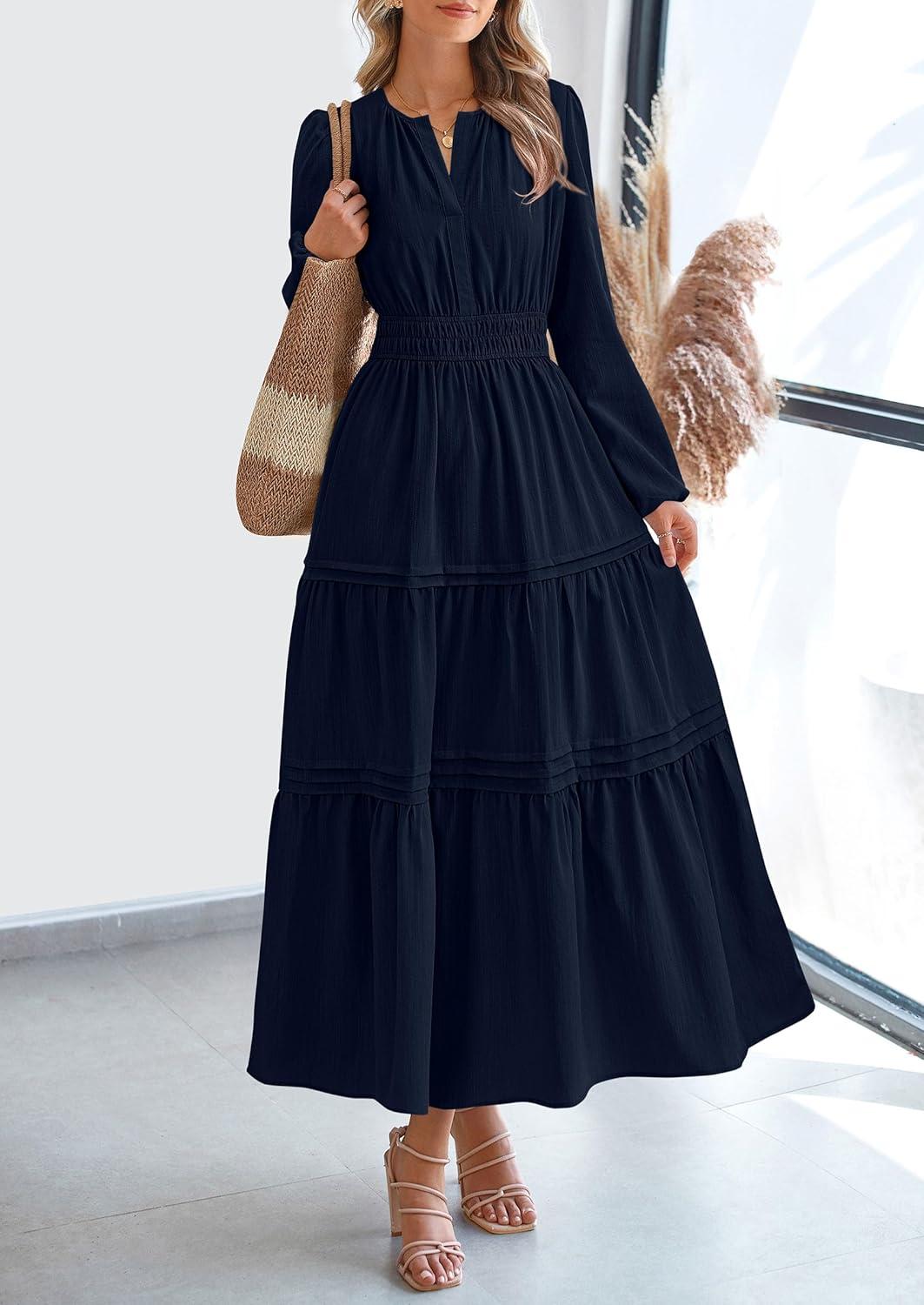 imagePRETTYGARDEN Womens 2025 Elegant Maxi Dresses Long Sleeve V Neck Flowy Pockets Casual Modest Dress Fall Fashion ClothesDark Blue