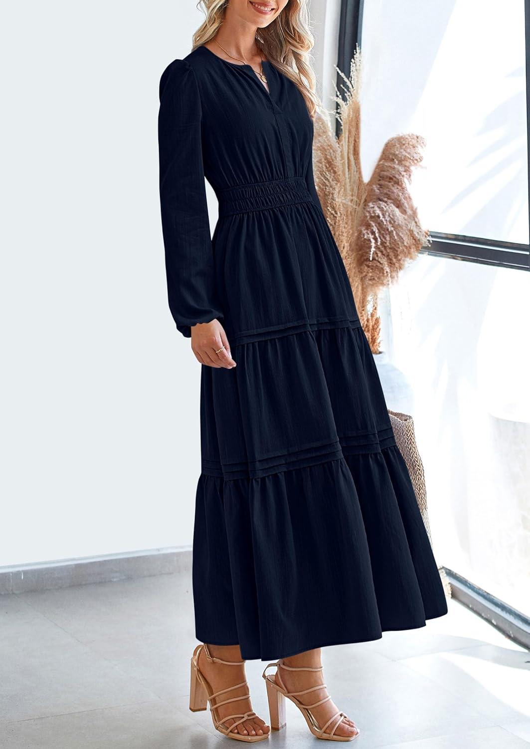 imagePRETTYGARDEN Womens 2025 Elegant Maxi Dresses Long Sleeve V Neck Flowy Pockets Casual Modest Dress Fall Fashion ClothesDark Blue