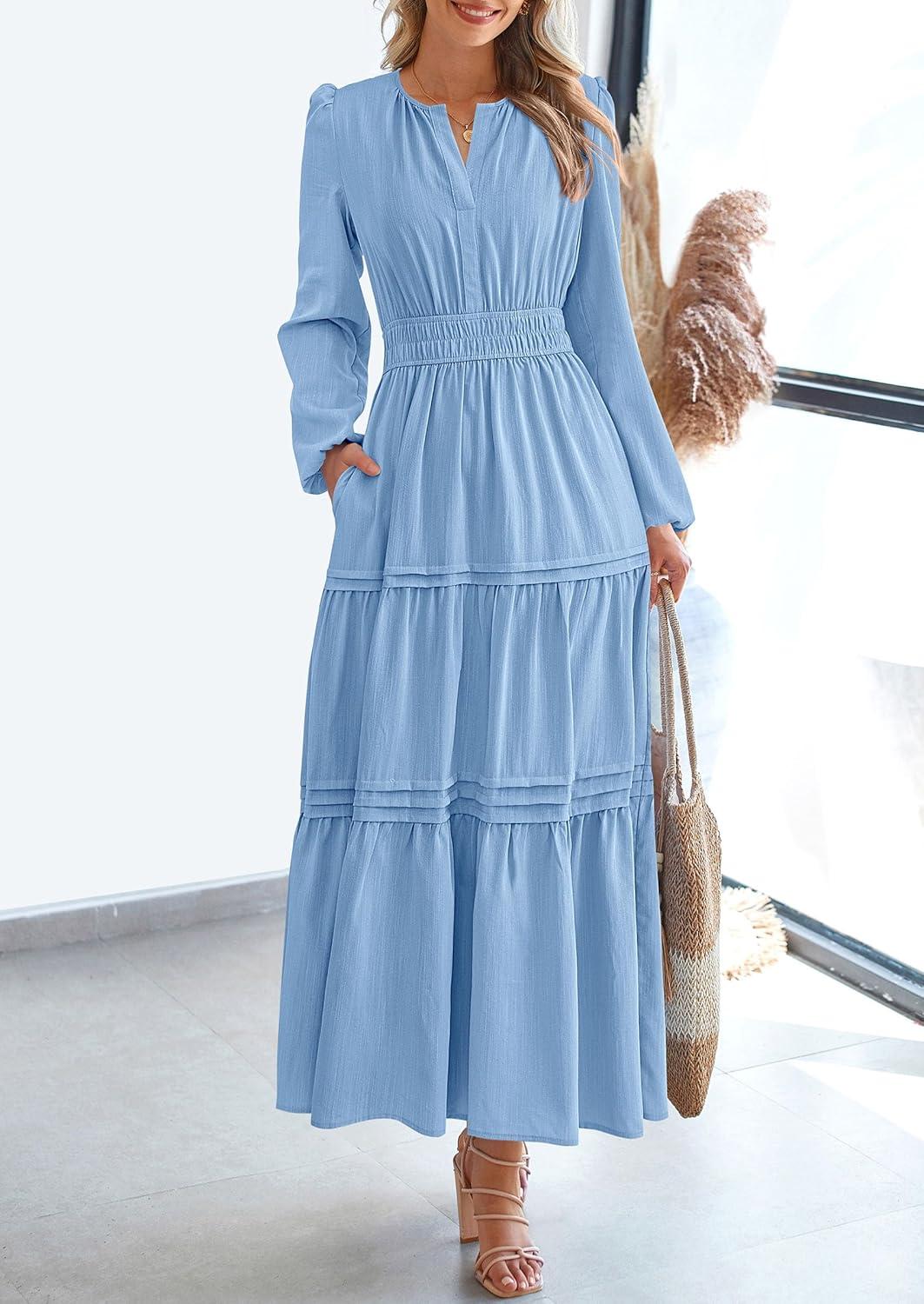 imagePRETTYGARDEN Womens 2025 Elegant Maxi Dresses Long Sleeve V Neck Flowy Pockets Casual Modest Dress Fall Fashion ClothesLight Blue