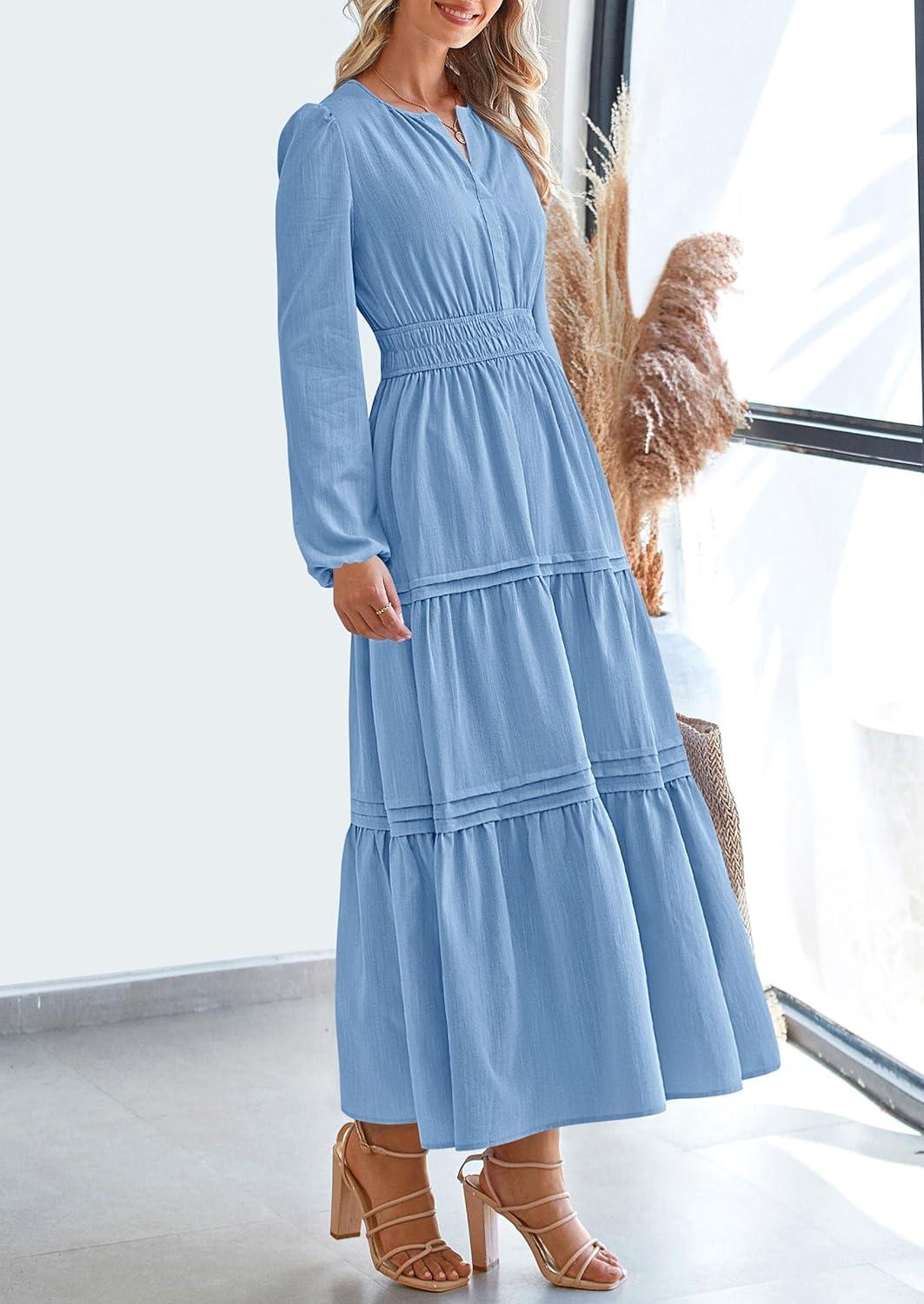 imagePRETTYGARDEN Womens 2025 Elegant Maxi Dresses Long Sleeve V Neck Flowy Pockets Casual Modest Dress Fall Fashion ClothesLight Blue